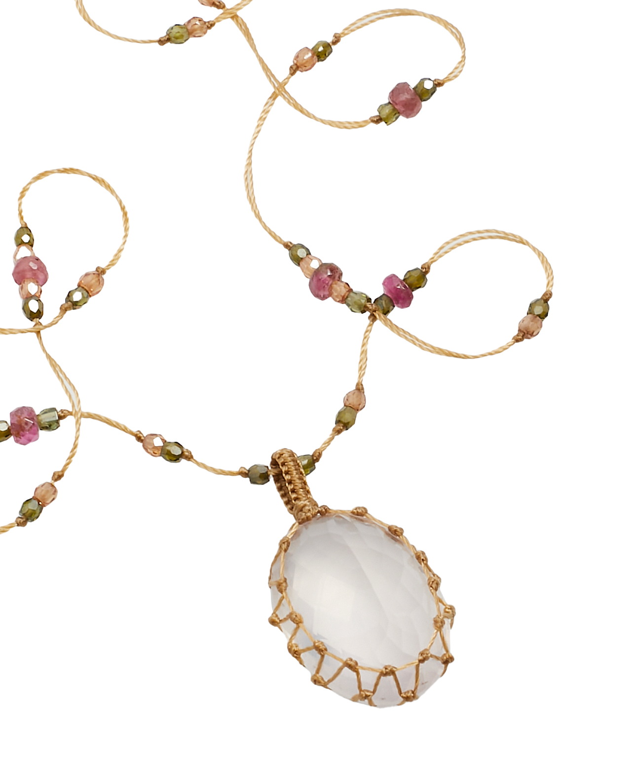 Collier Court Tibétain - Quartz Rose - Mix Tourmaline Rose - Fil Beige