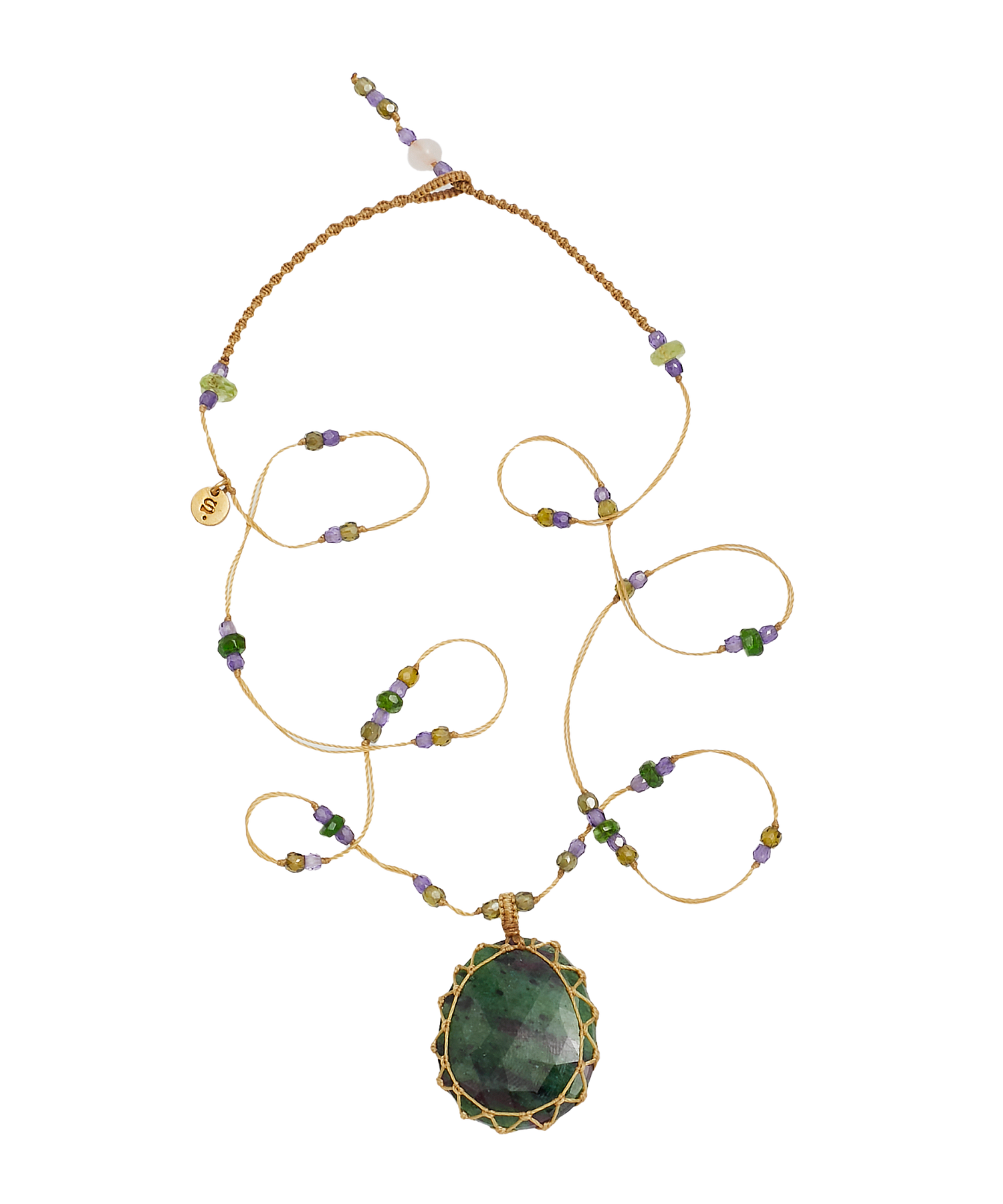 Tibetan Short Necklace - Ruby Zoisite - Mix Tsavorite - Tabac Thread