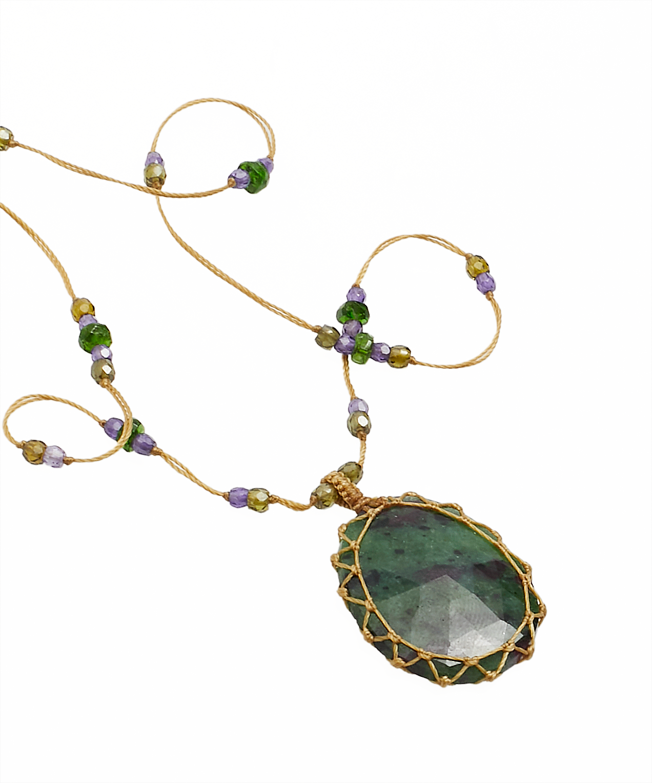 Tibetan Short Necklace - Ruby Zoisite - Mix Tsavorite - Tabac Thread