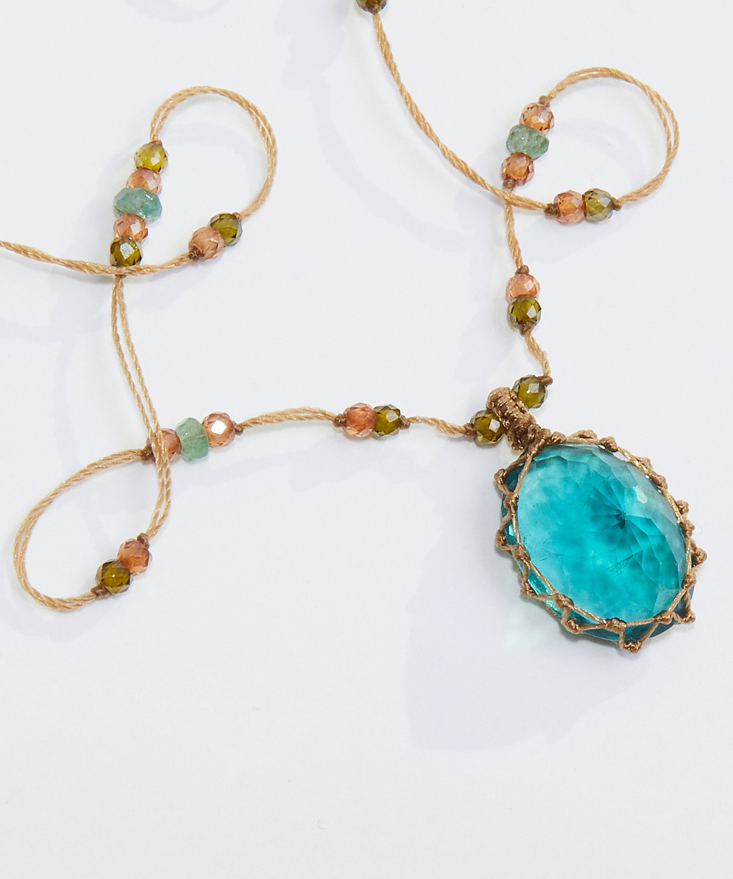 Tibetan Short Necklace - Blue Fluorite - Emerald Mix - Beige Thread