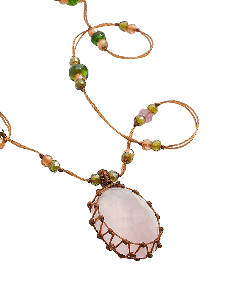 Short Tibetan Necklace - Rose Quartz - Mix Pink Tourmaline - Tobacco Thread