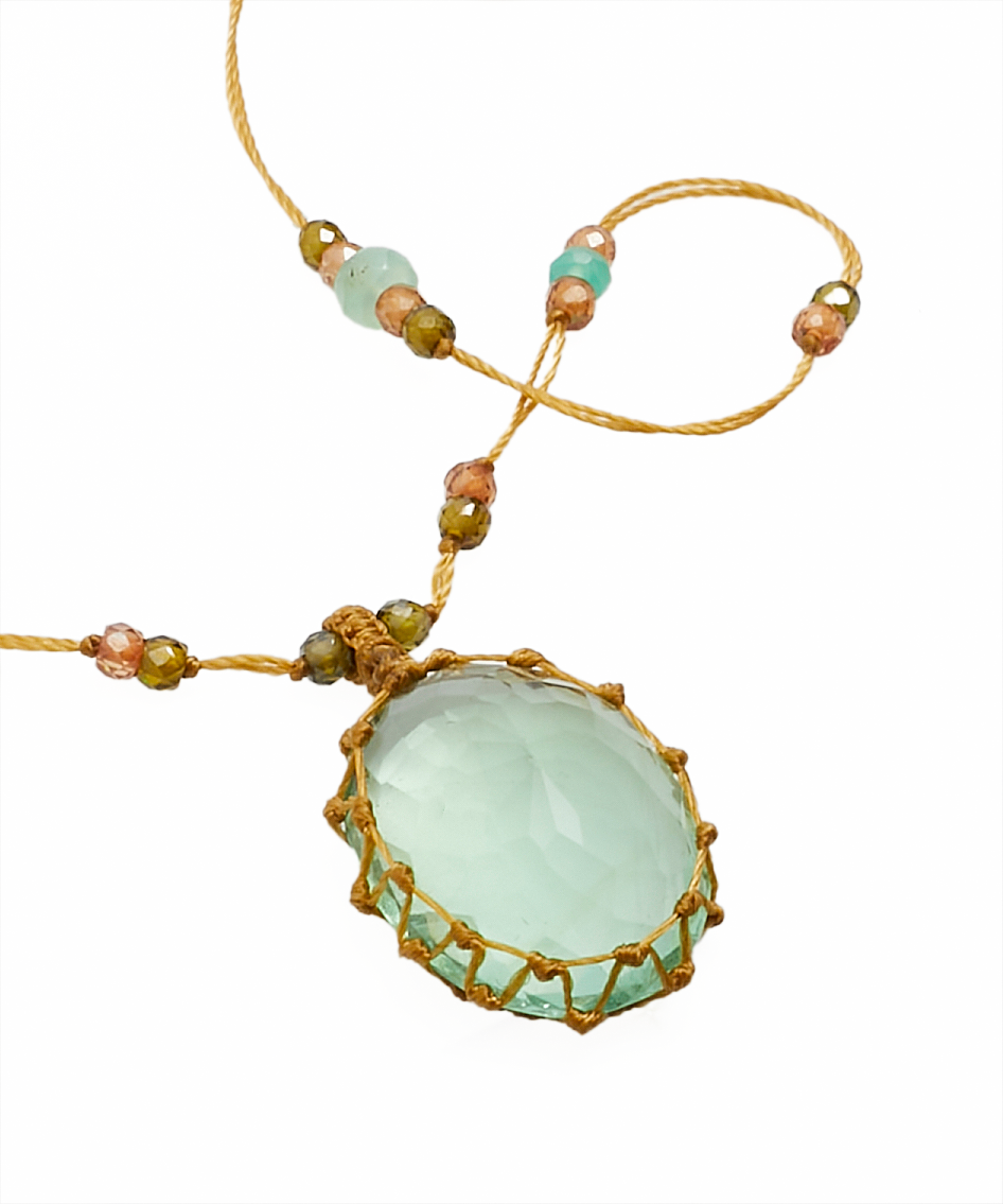 Collier Court Tibétain - Fluorite Verte - Mix Chrysoprase - Fil Beige