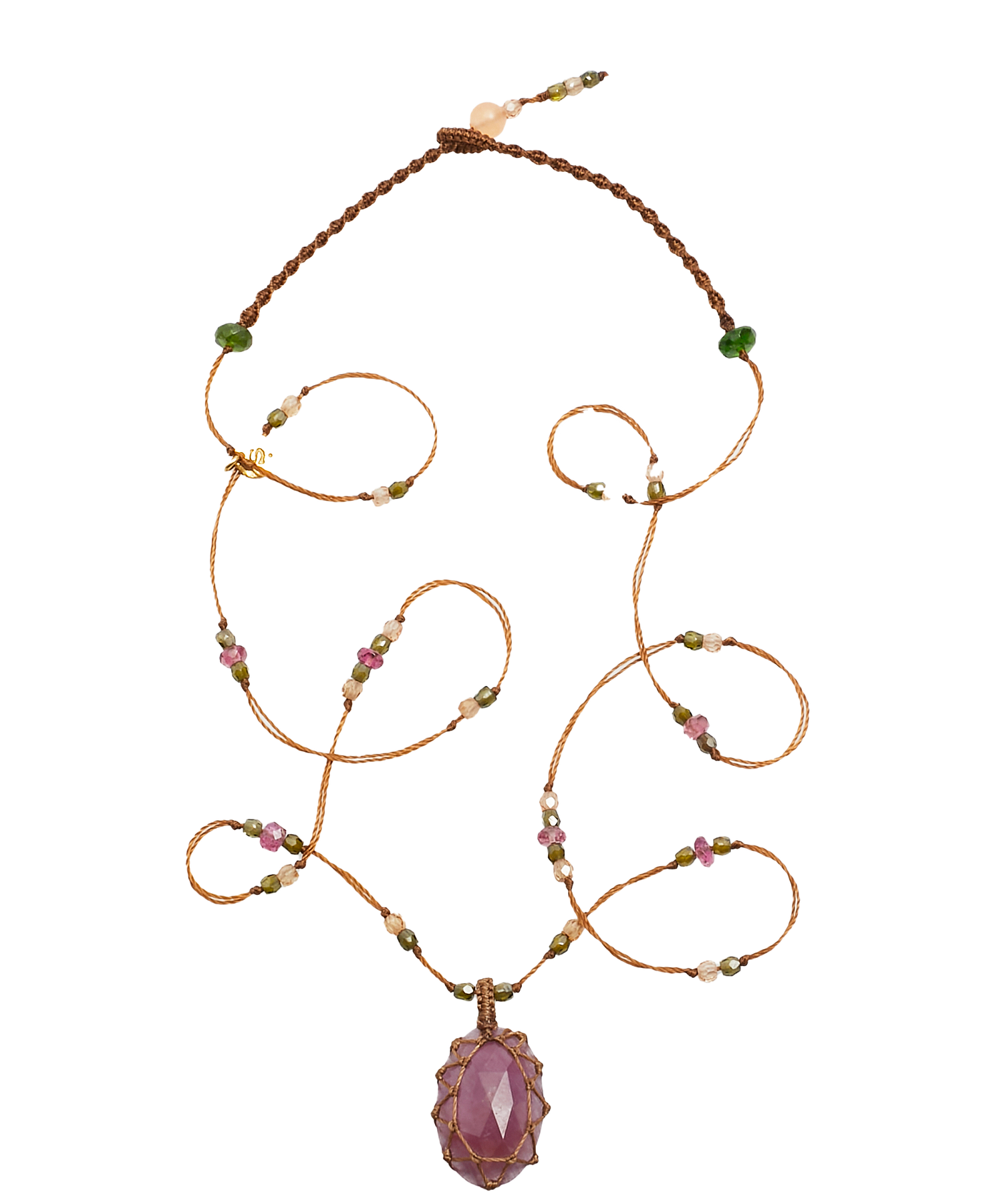 Collier Court Tibétain - Rubis - Mix Tourmaline Rose - Fil Tabac