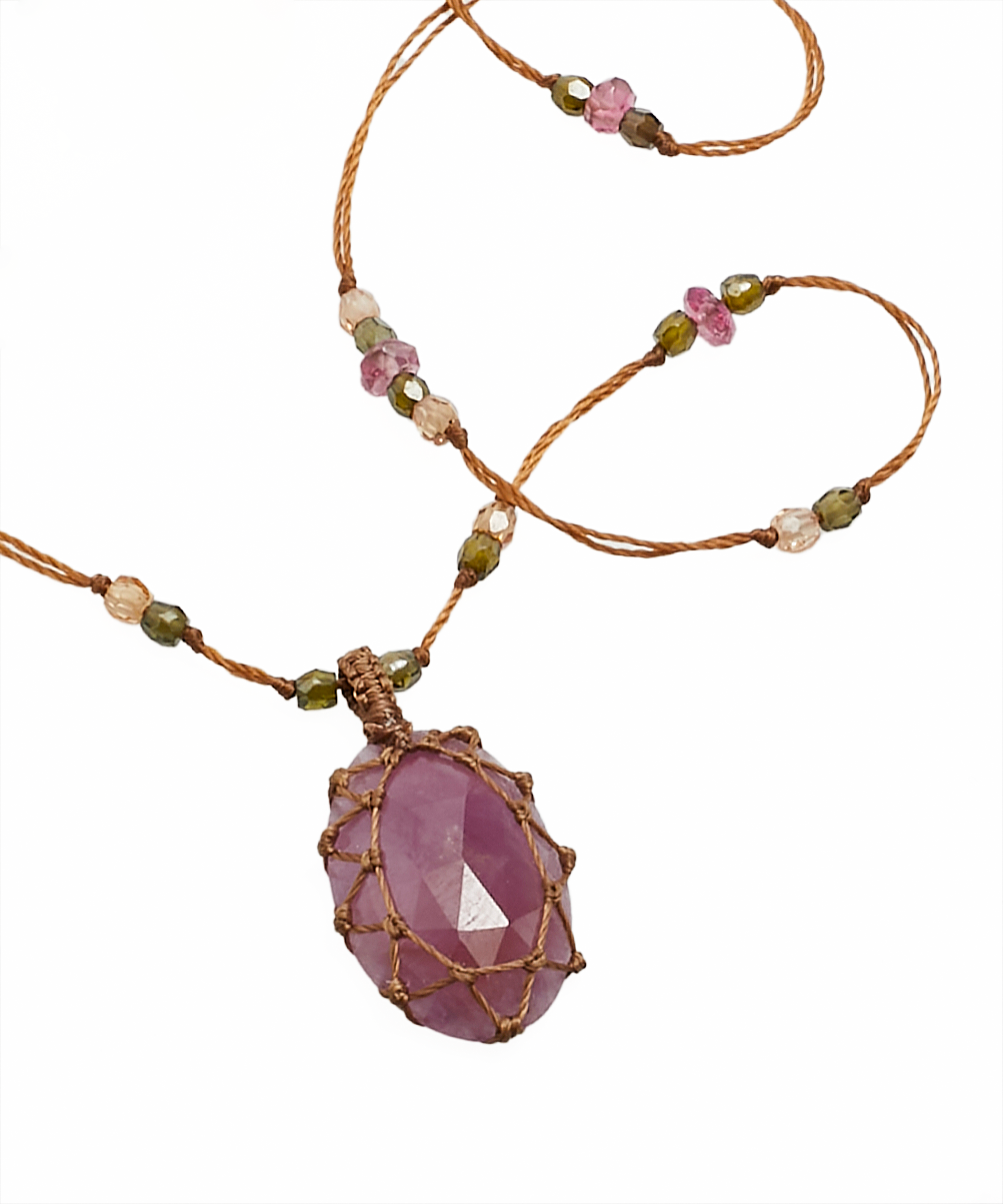 Tibetan Short Necklace - Ruby - Mix Pink Tourmaline - Tobacco Thread