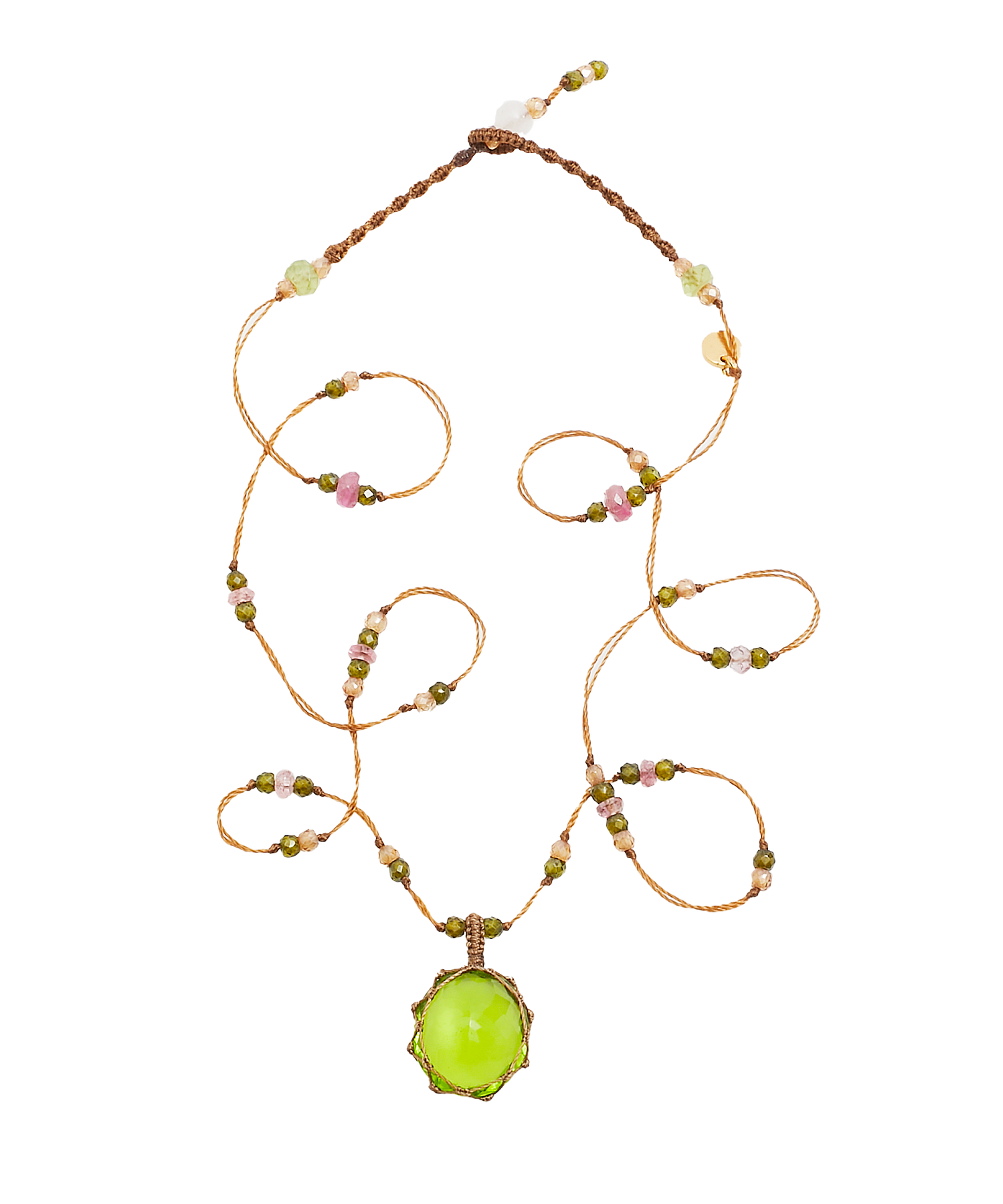 Tibetan Short Necklace - Indian Glass Rose - Mix Pink Tourmaline - Beige Thread