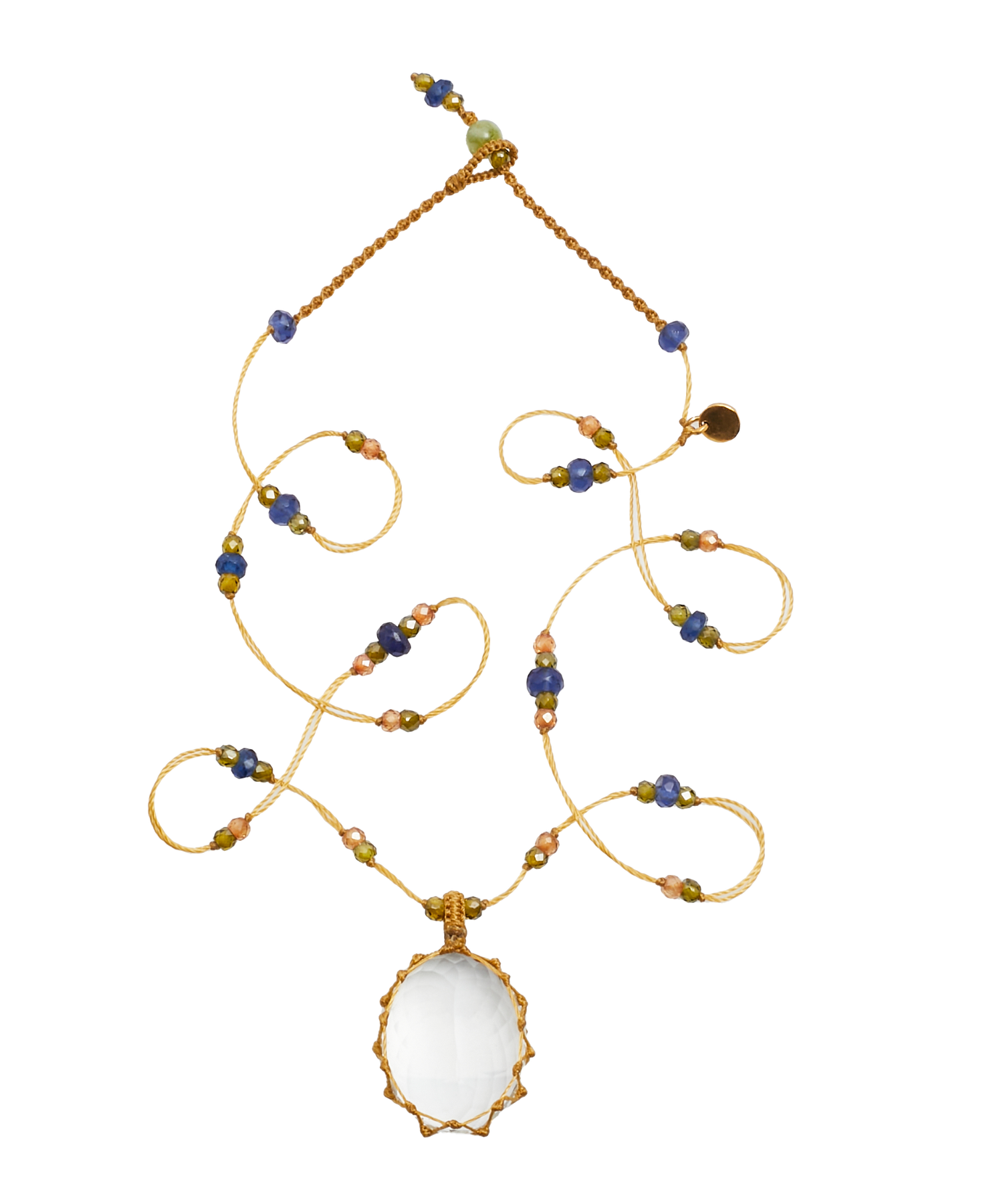 Collier Court Tibétain - Crystal Quartz - Mix Saphir - Fil Beige