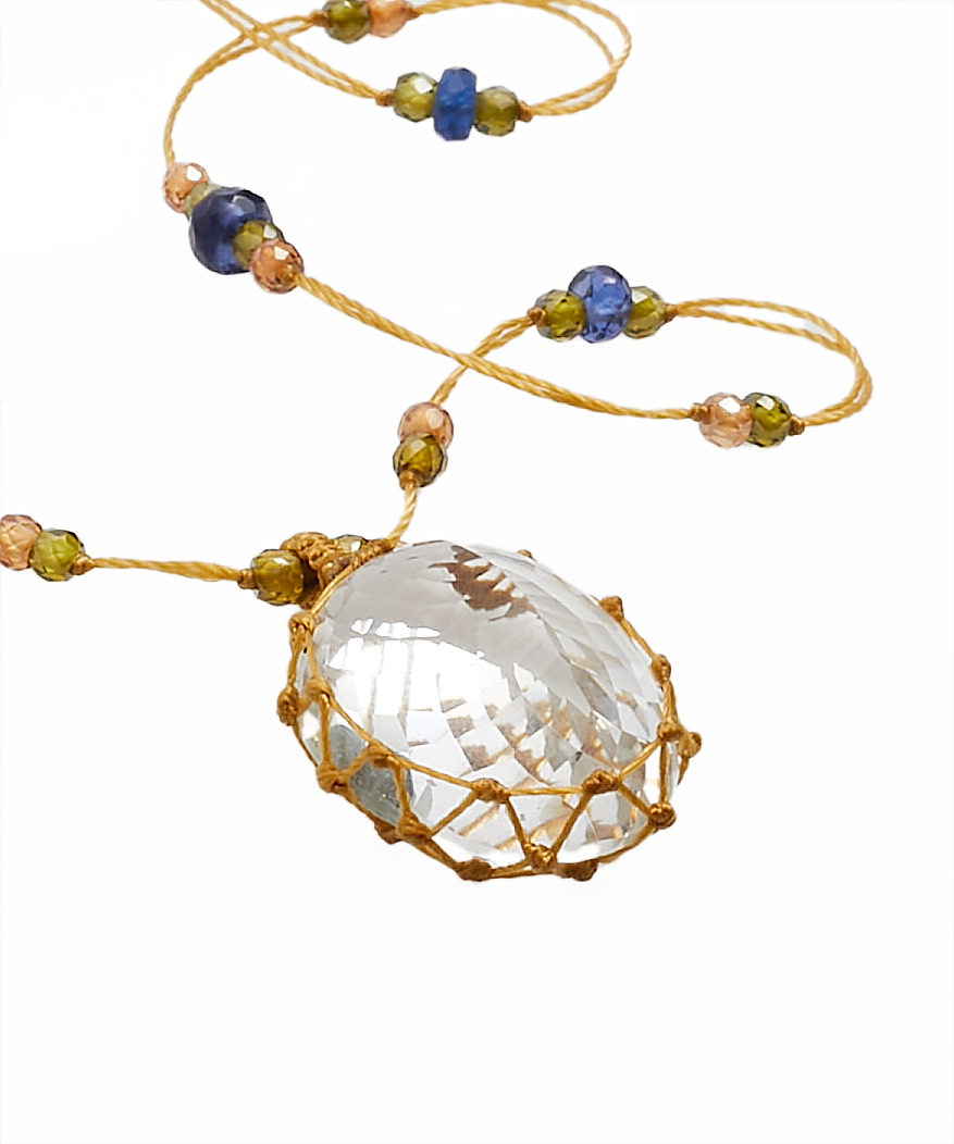 Collier Court Tibétain - Crystal Quartz - Mix Saphir - Fil Beige