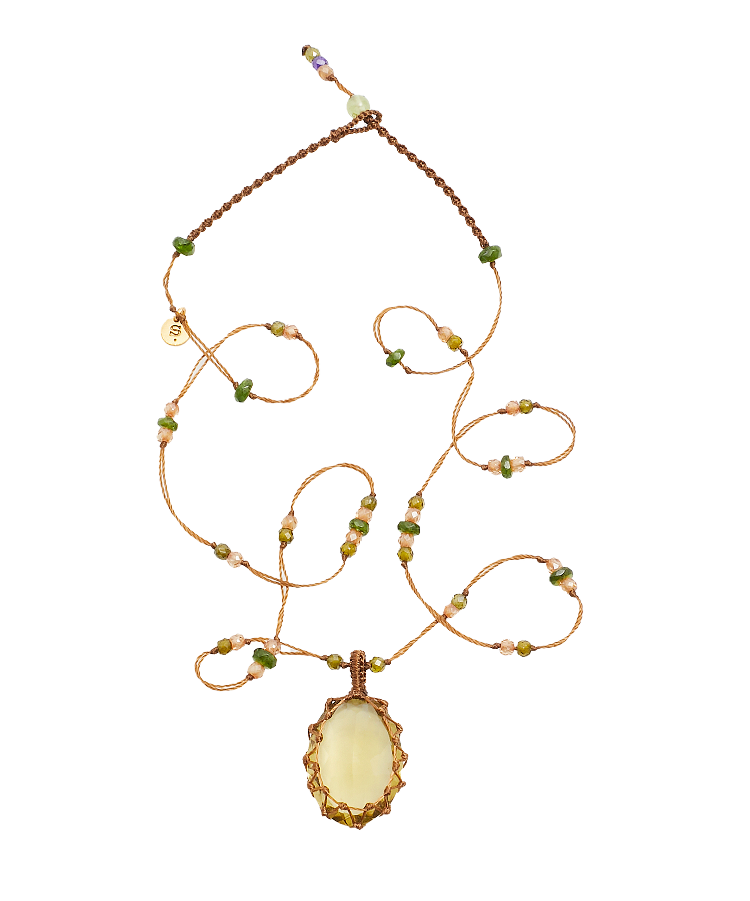 Tibetan Short Necklace - Olive Quartz - Mix Pink Tourmaline - Beige Thread