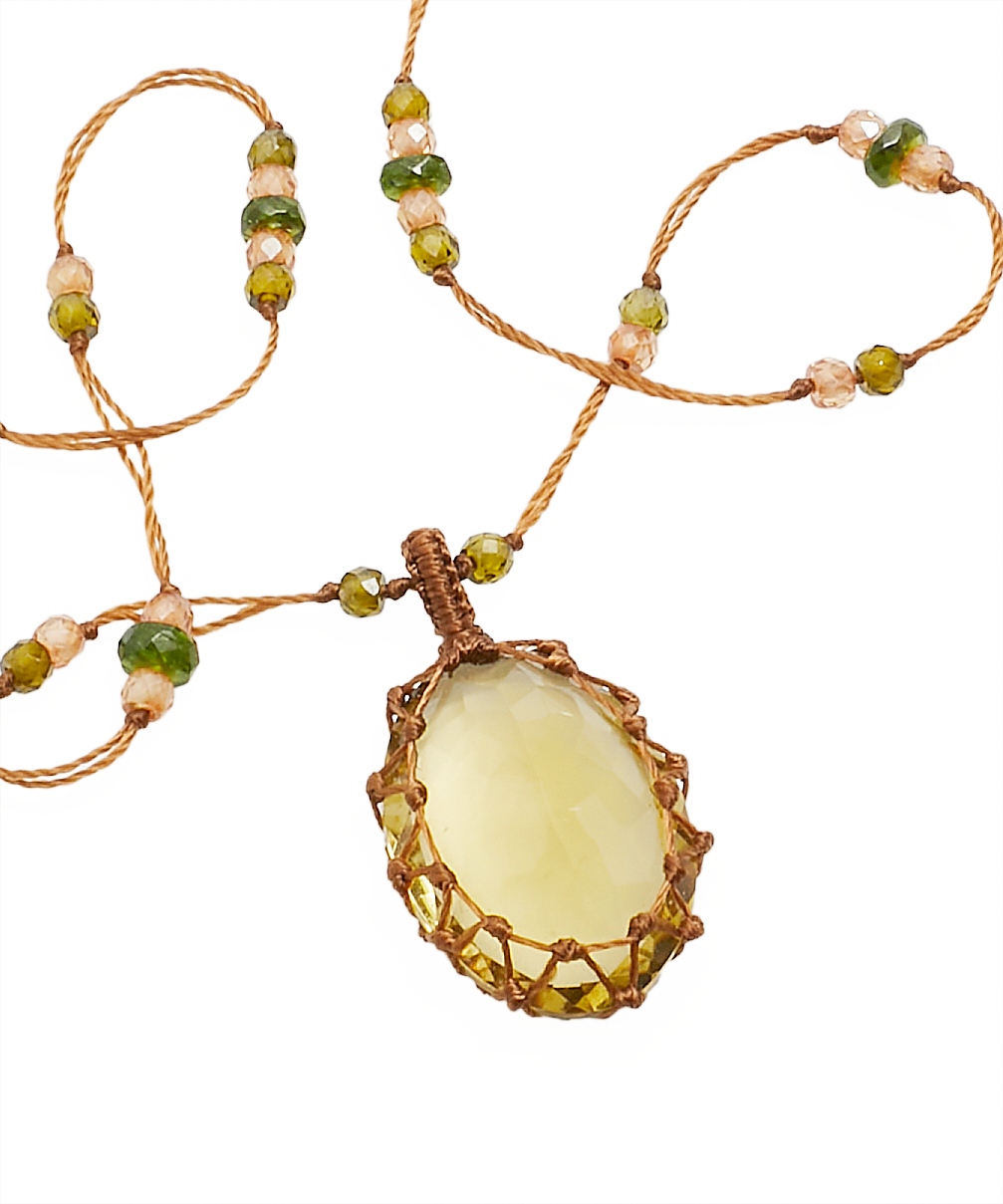 Collier Court Tibétain - Quartz Olive - Mix Tsavorite - Fil Tabac