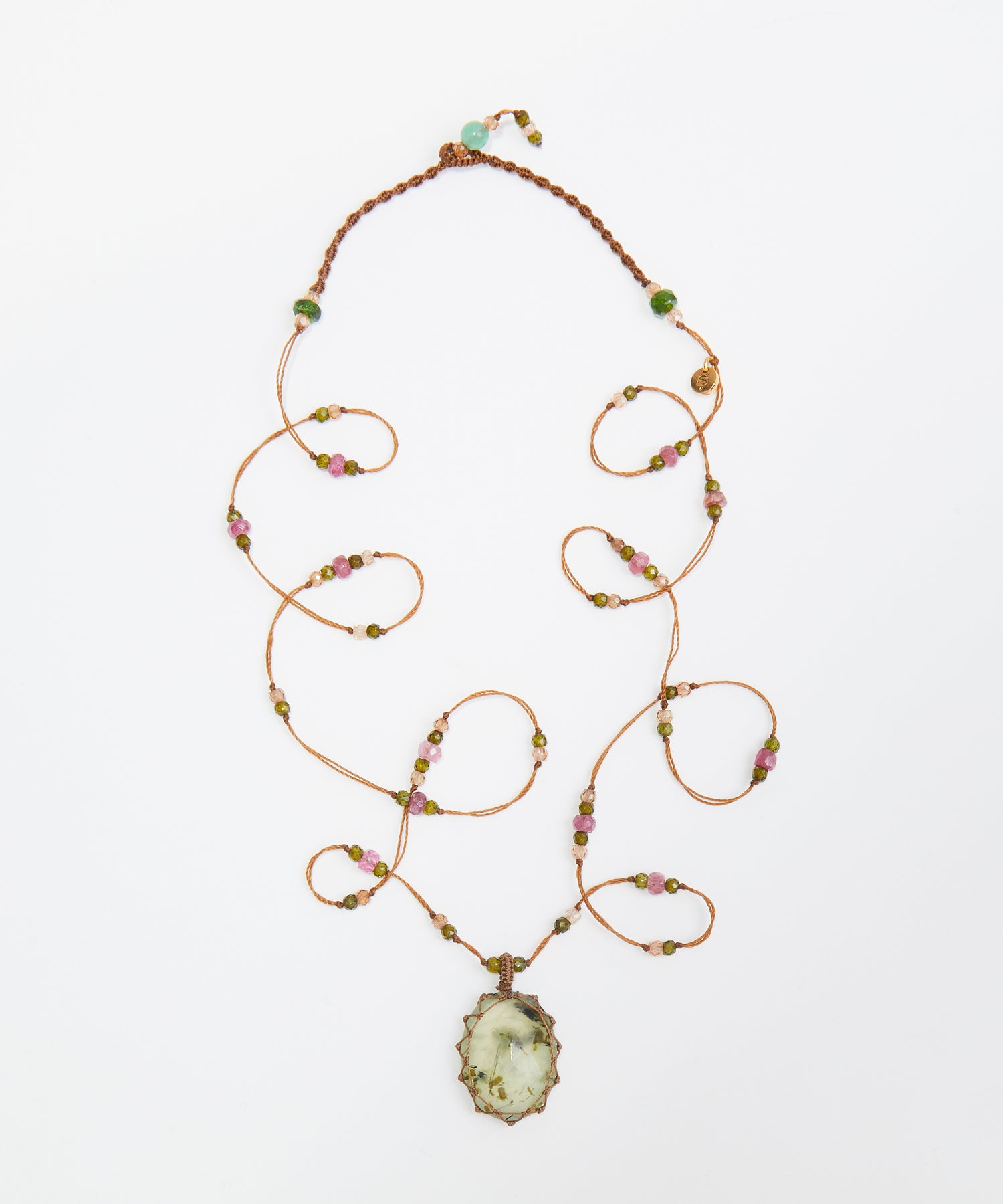 Collana Lunga Tibetana - Prehnite Rutile - Mix Tormalina Rosa - Filo Beige