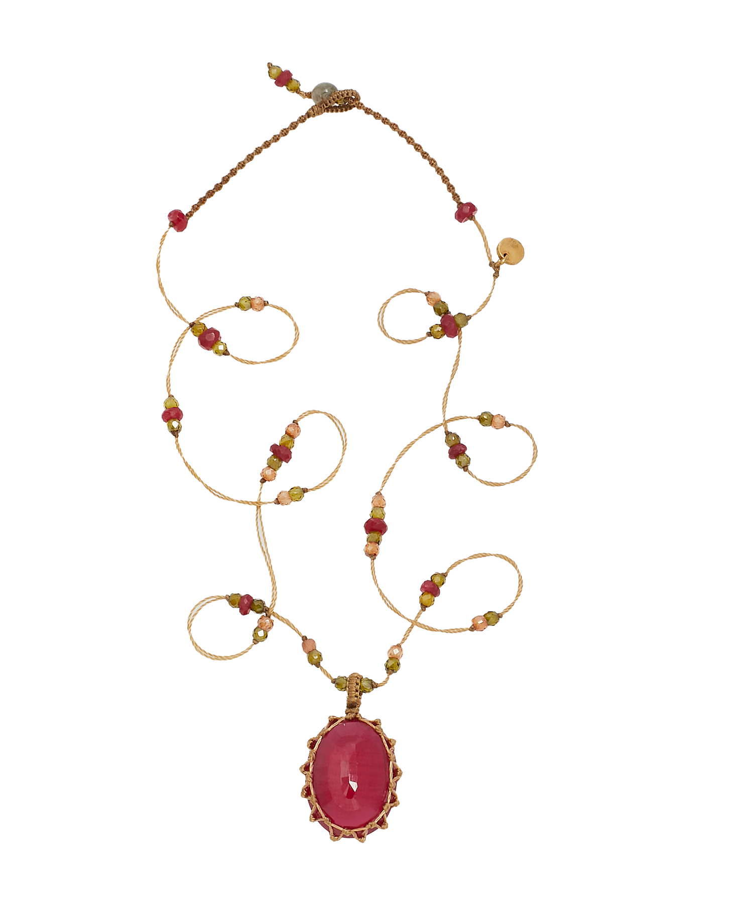 Collana Tibetana Corta - Vetro Rosso Indiano - Mix Tormalina Rosa - Filo di Tabacco