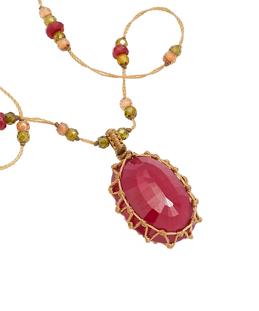 Short Tibetan Necklace - Red Indian Glass - Mix Pink Tourmaline - Beige Thread