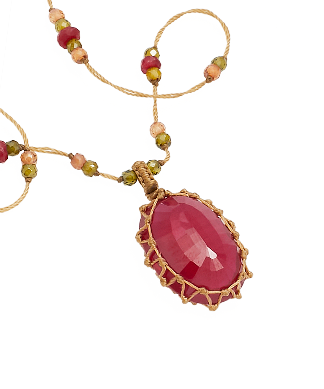 Short Tibetan Necklace - Red Indian Glass - Mix Pink Tourmaline - Tobacco Thread