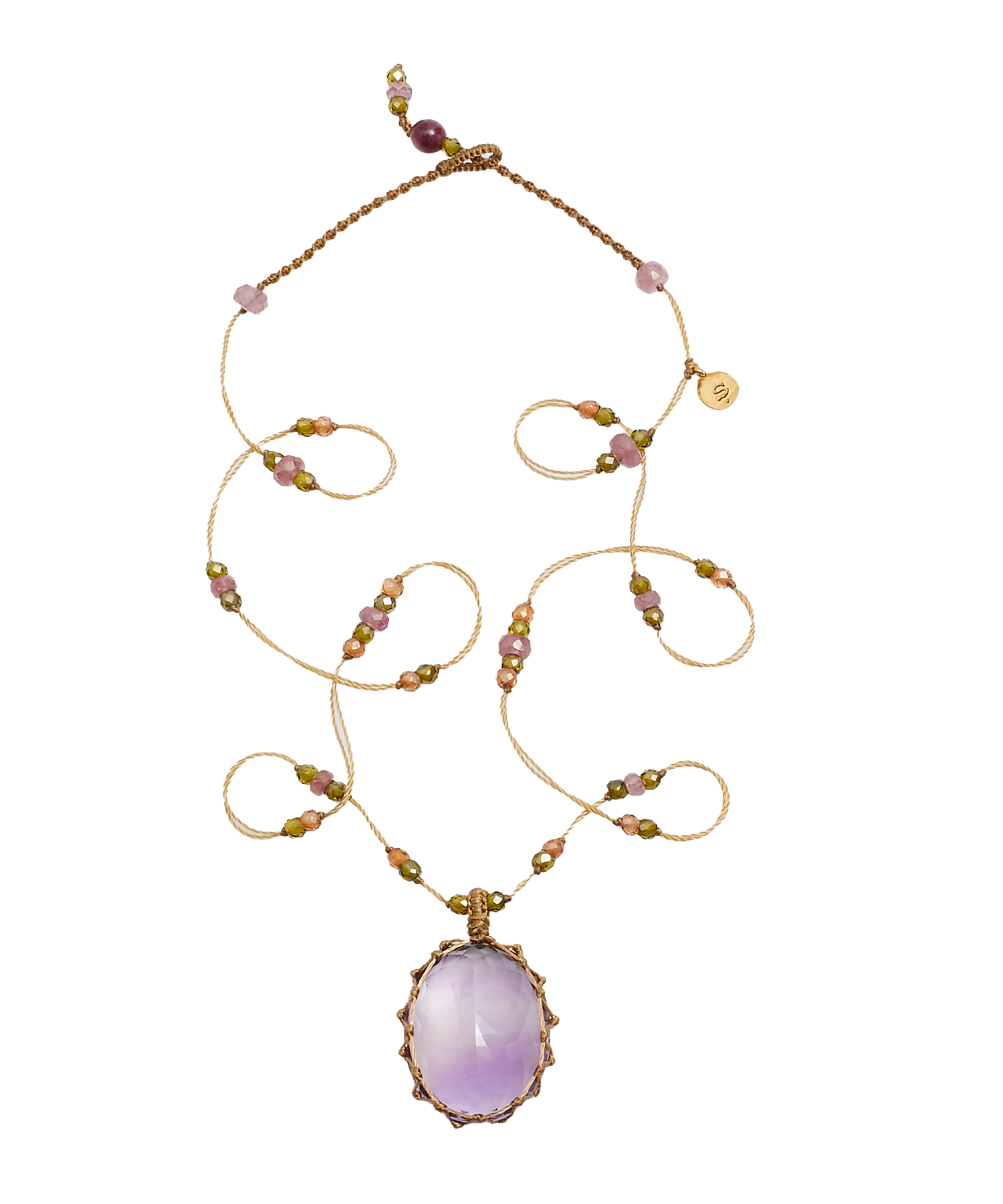 Collier Court Tibétain - Améthyste Violette Claire - Mix Tourmaline Rose - Fil Beige