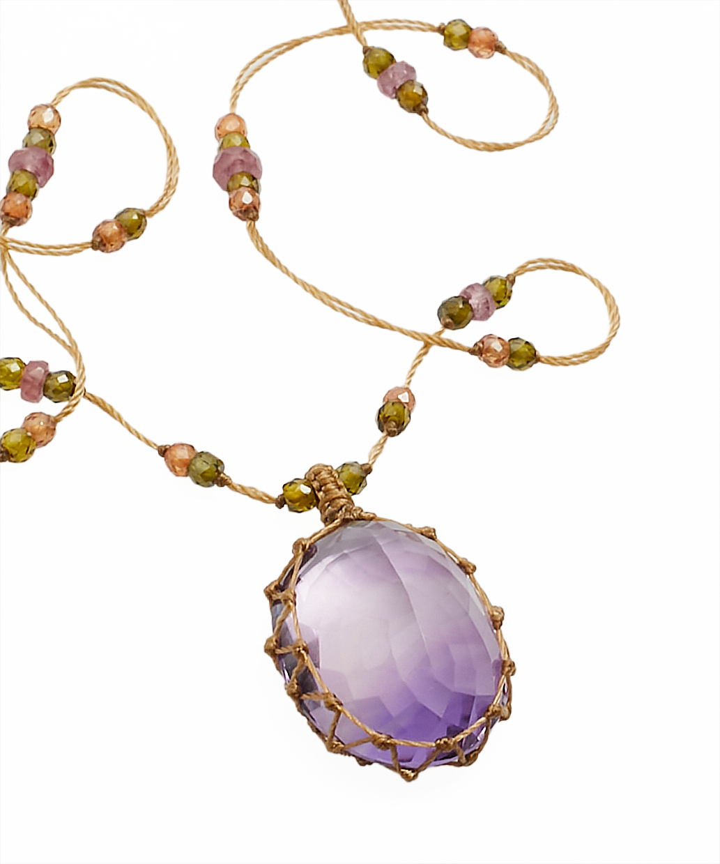 Collier Court Tibétain - Améthyste Violette Claire - Mix Tourmaline Rose - Fil Beige