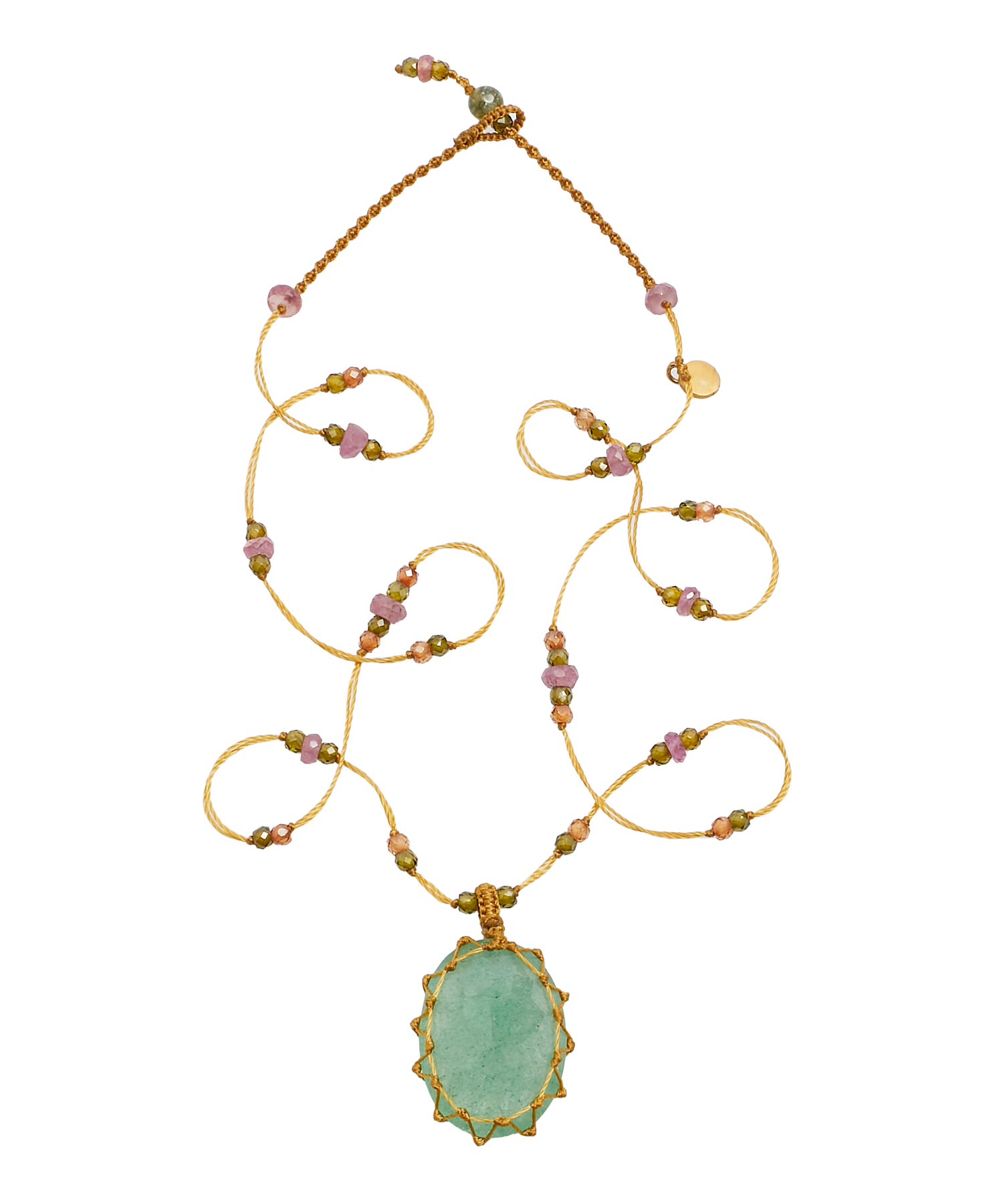 Collier Court Tibétain - Strawberry Quartz Vert - Mix Tourmaline Rose - Fil Beige