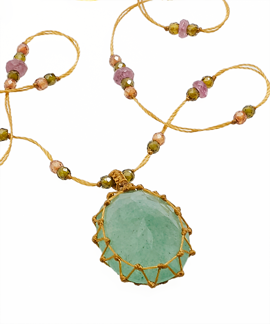 Collier Court Tibétain - Strawberry Quartz Vert - Mix Tourmaline Rose - Fil Beige