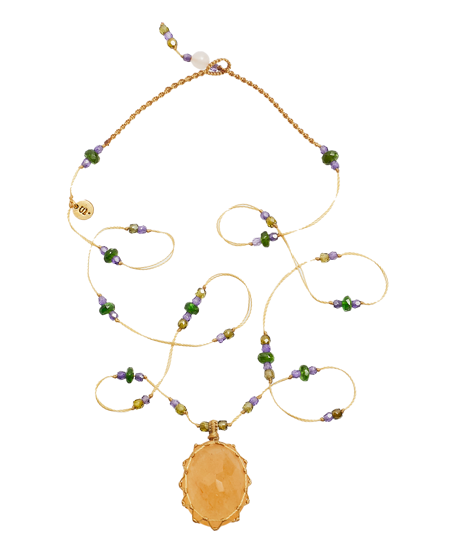 Collier Court Tibétain - Strawberry Quartz Orange - Mix Tsavorite - Fil Beige