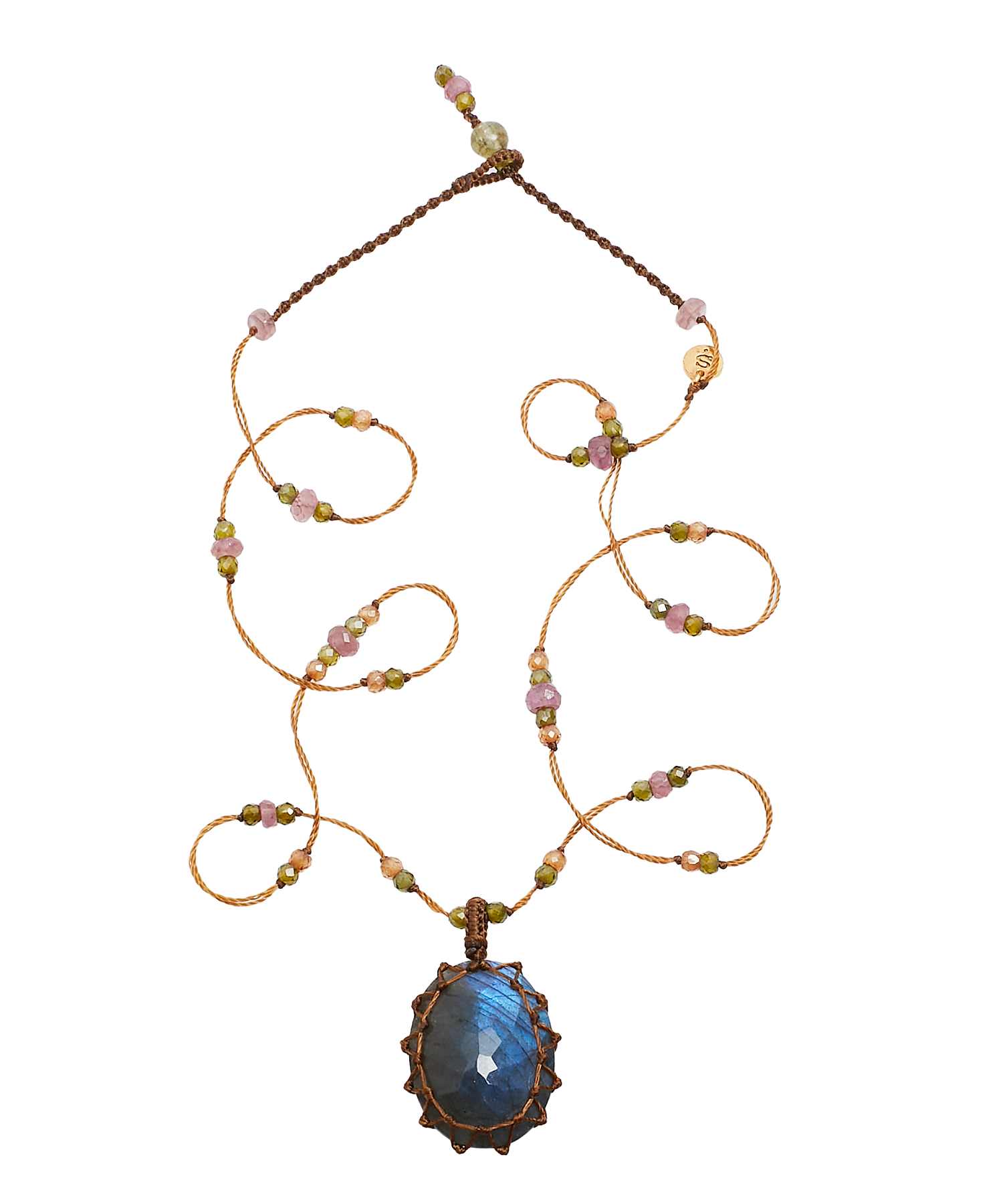 Tibetan Short Necklace - Blue Fire Labradorite - Mix Pink Tourmaline - Beige Thread