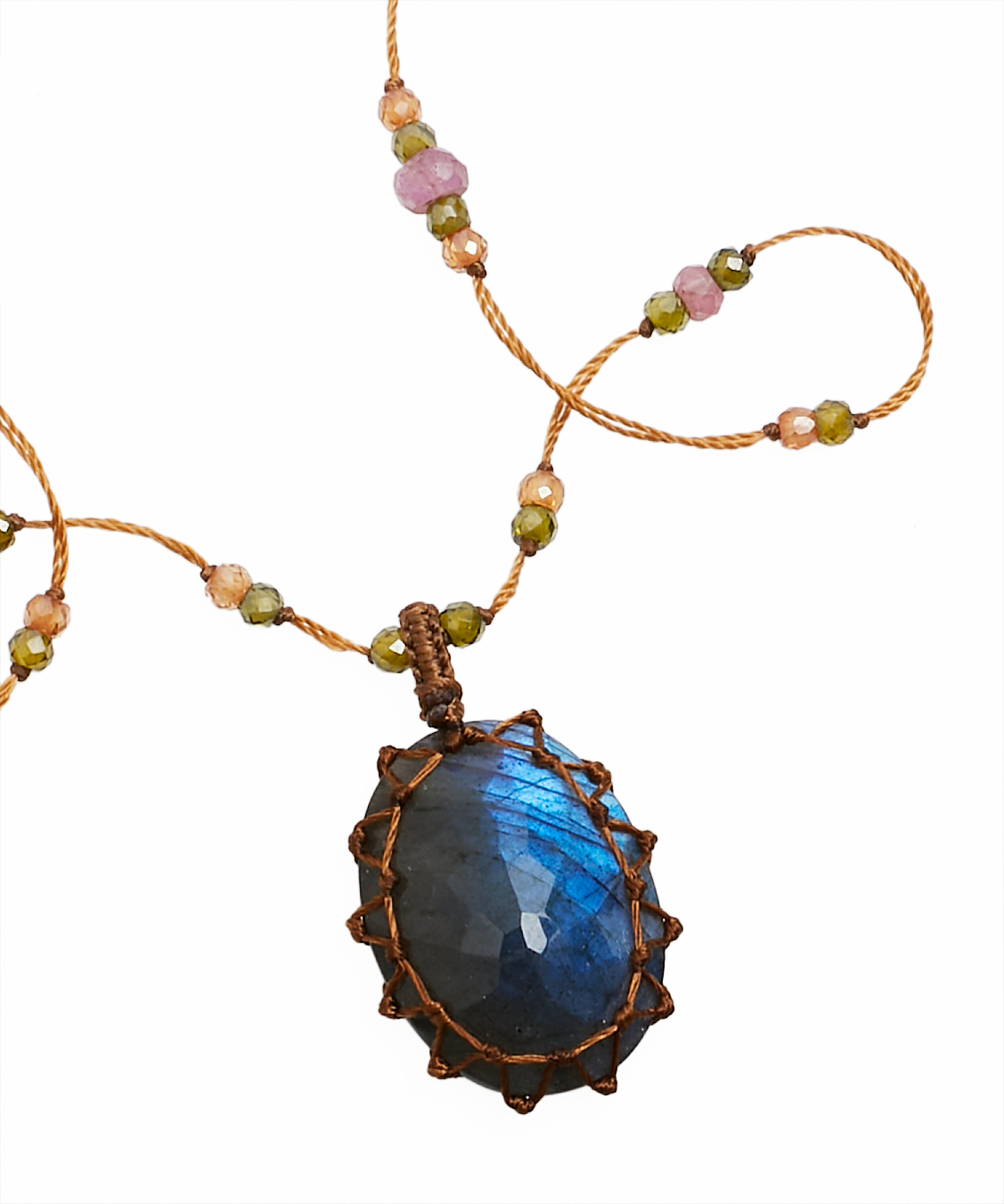 Tibetan Short Necklace - Blue Fire Labradorite - Mix Pink Tourmaline - Beige Thread