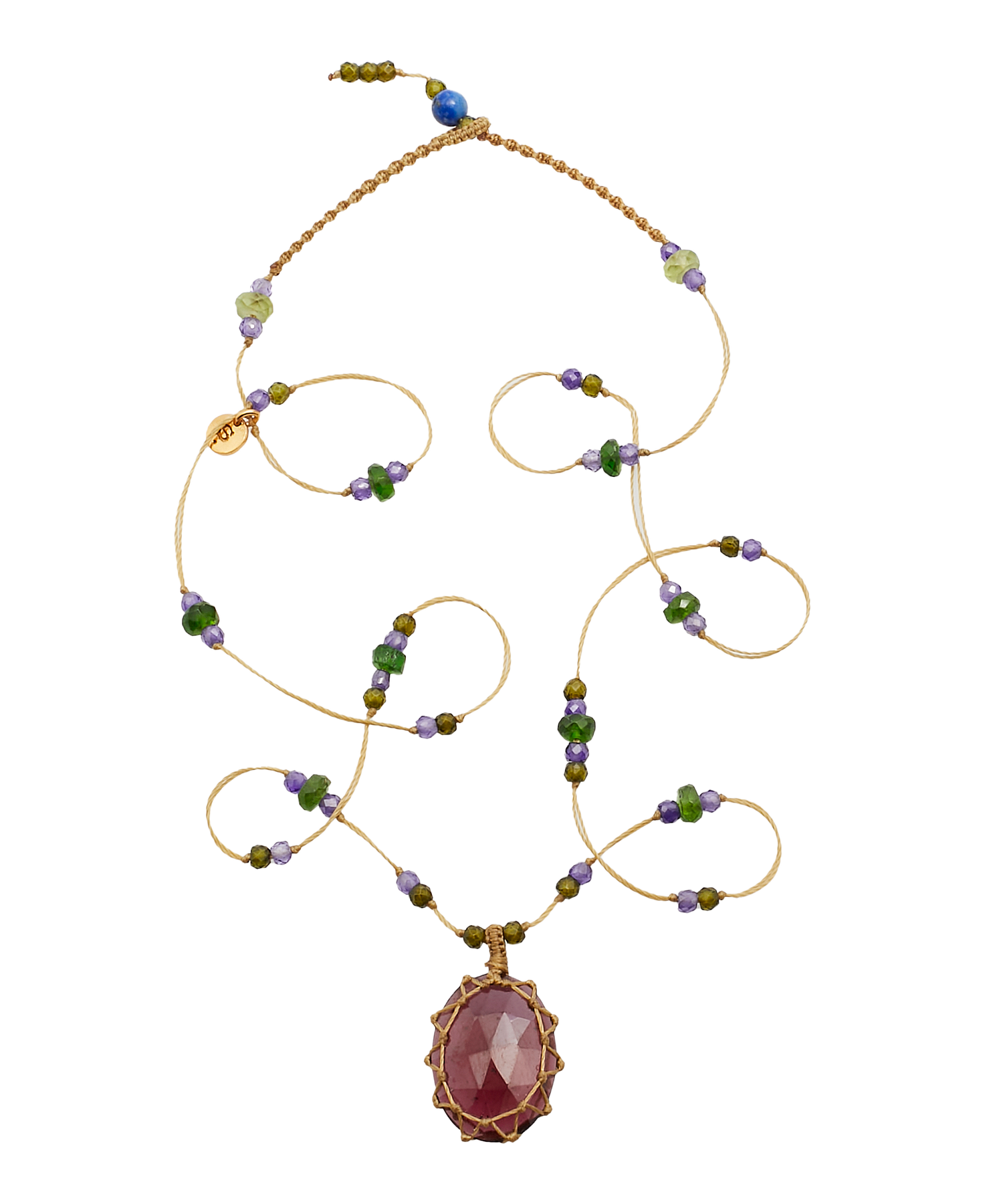 Collier Court Tibétain - Rhodolite - Mix Tsavorite - Fil Beige