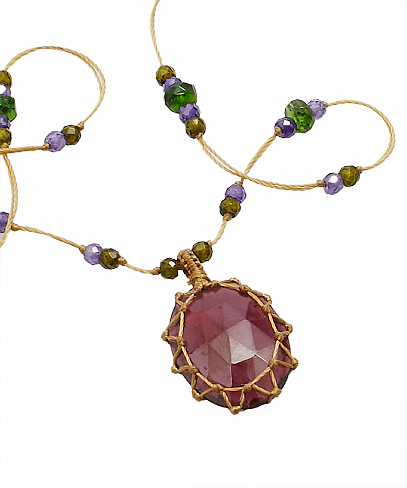 Collier Court Tibétain - Rhodolite - Mix Tsavorite - Fil Beige