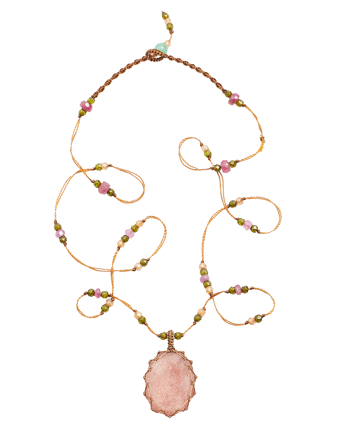 Tibetan Short Necklace - Strawberry Rose Quartz - Mix Pink Tourmaline - Beige Thread