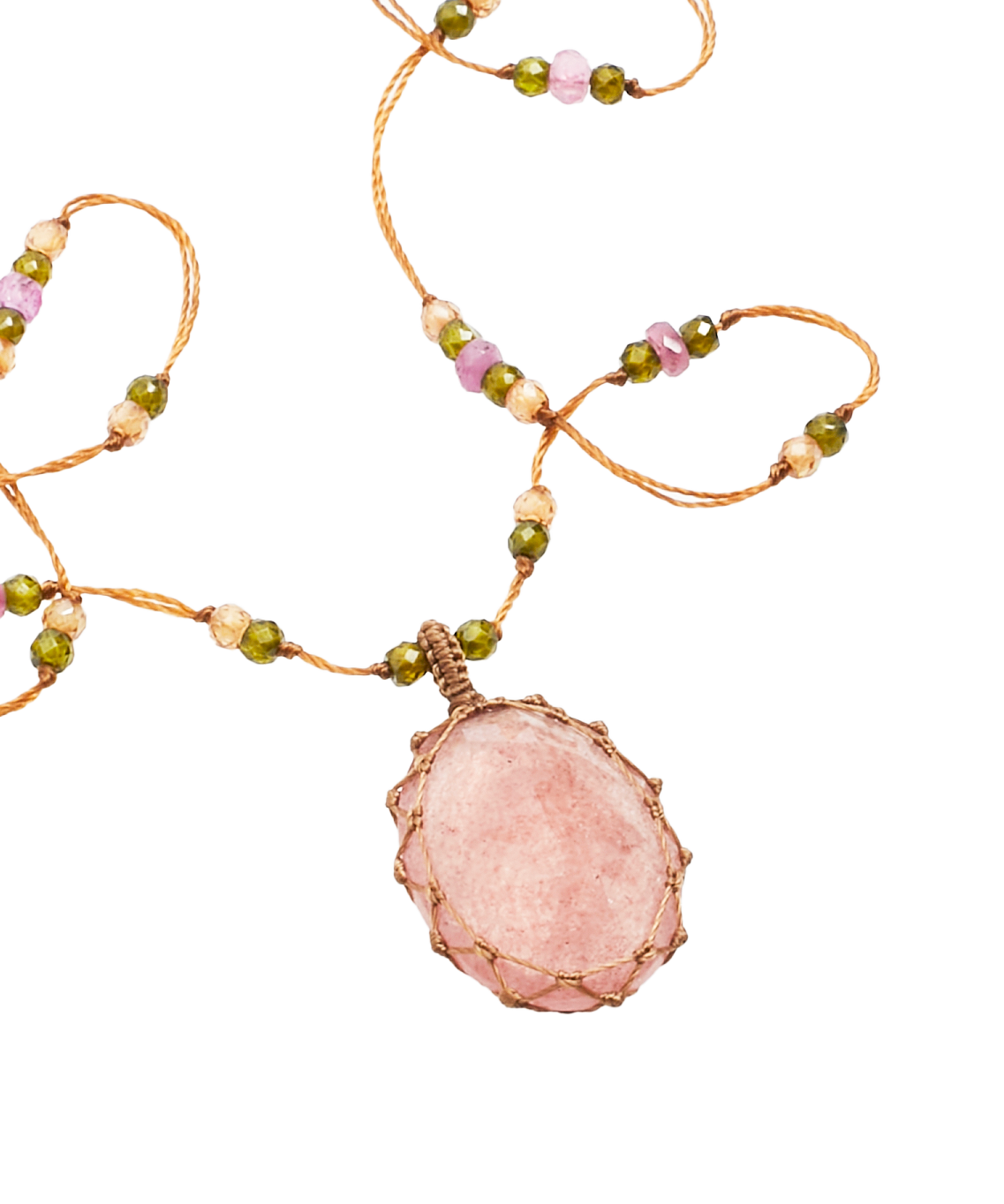 Collier Court Tibétain - Strawberry Quartz Rose - Mix Tourmaline Rose - Fil Tabac