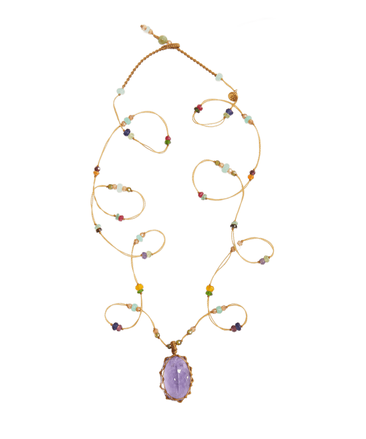 Long Tibetan Necklace - Light Violet Amethyst - Multi-Stone Mix - Beige Thread