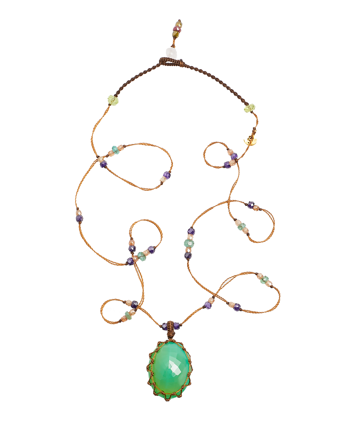 Tibetan Short Necklace - Chrysoprase - Emerald Mix - Tobacco Thread