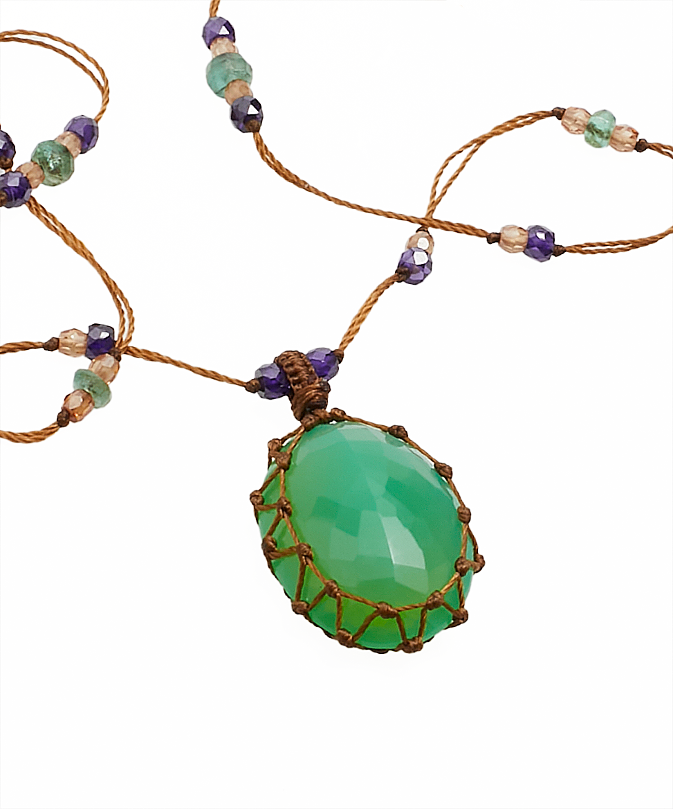 Collier Court Tibétain - Chrysoprase - Mix Émeraude - Fil Tabac