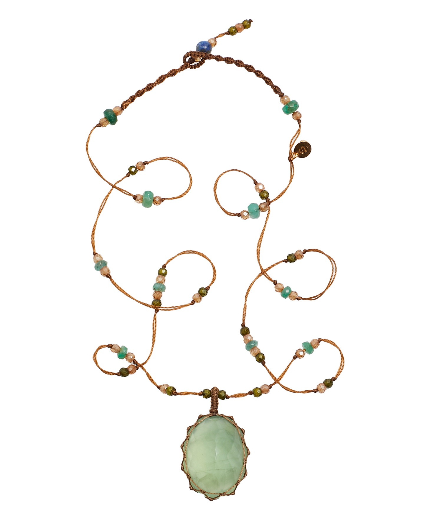 Collier Court Tibétain - Prehnite  - Mix Émeraude - Fil Tabac