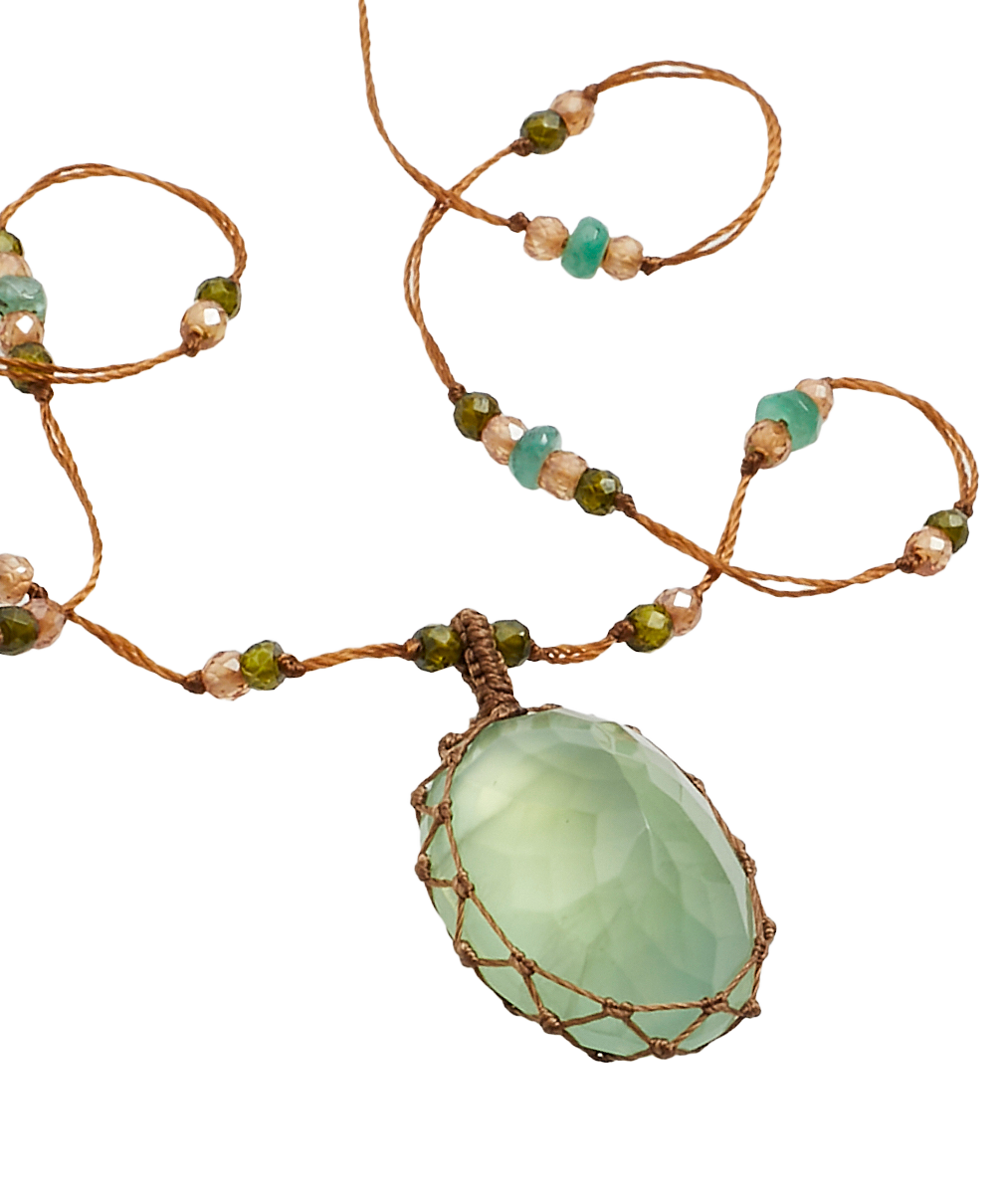 Collier Court Tibétain - Prehnite  - Mix Émeraude - Fil Tabac