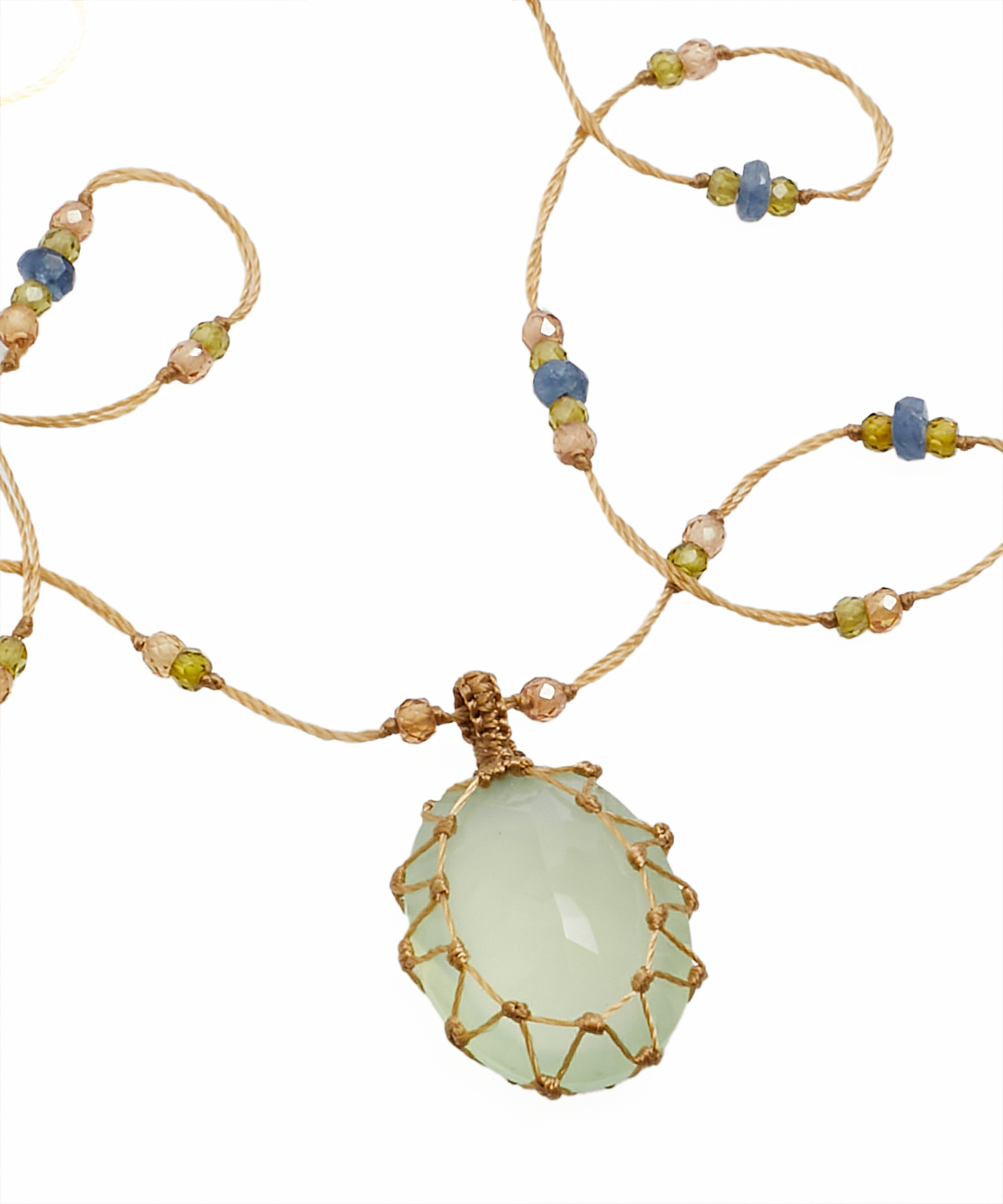 Collier Court Tibétain - Calcédoine Verte - Mix Saphir - Fil Beige