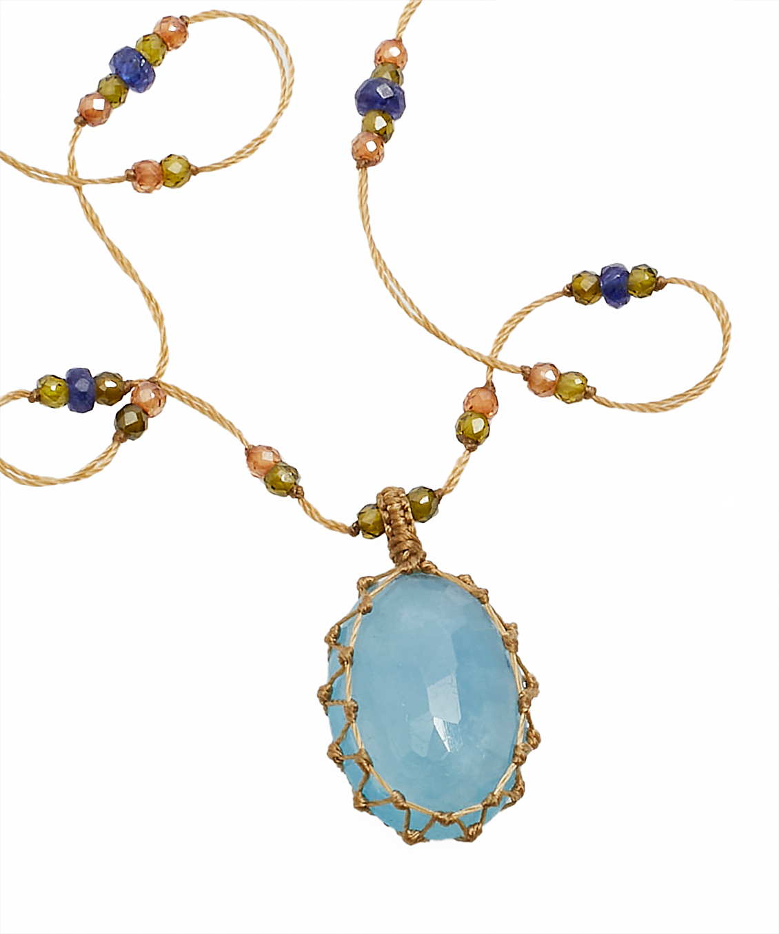 Short Tibetan Necklace - Aquamarine - Mix Tsavorite - Beige Thread