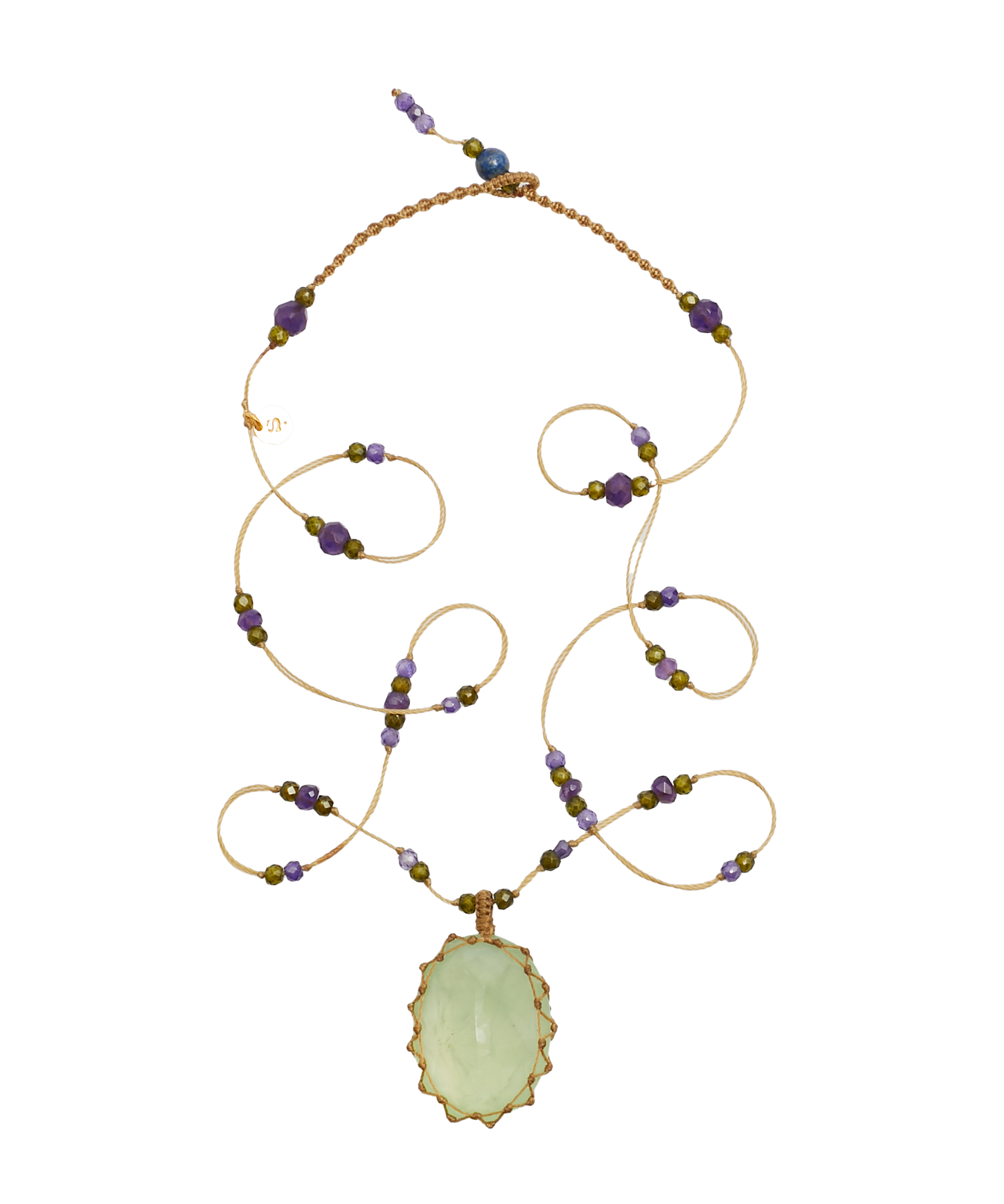 Collier Court Tibétain - Prehnite  - Mix Améthyste Violette - Fil Beige