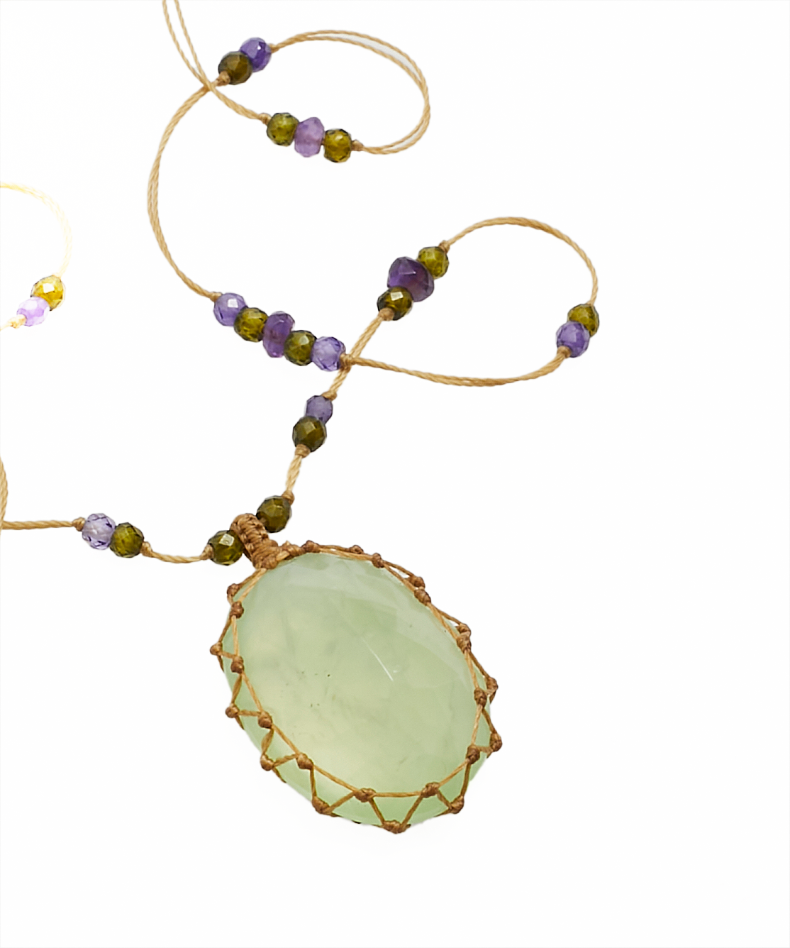 Collier Court Tibétain - Prehnite  - Mix Améthyste Violette - Fil Beige