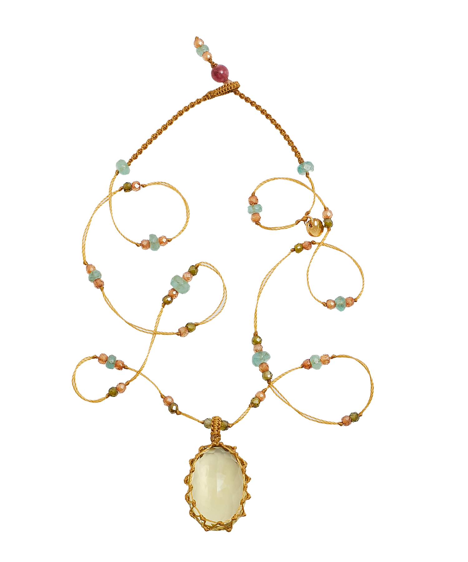 Tibetan Short Necklace - Lemon Topaz - Mix Tsavorite - Beige Thread