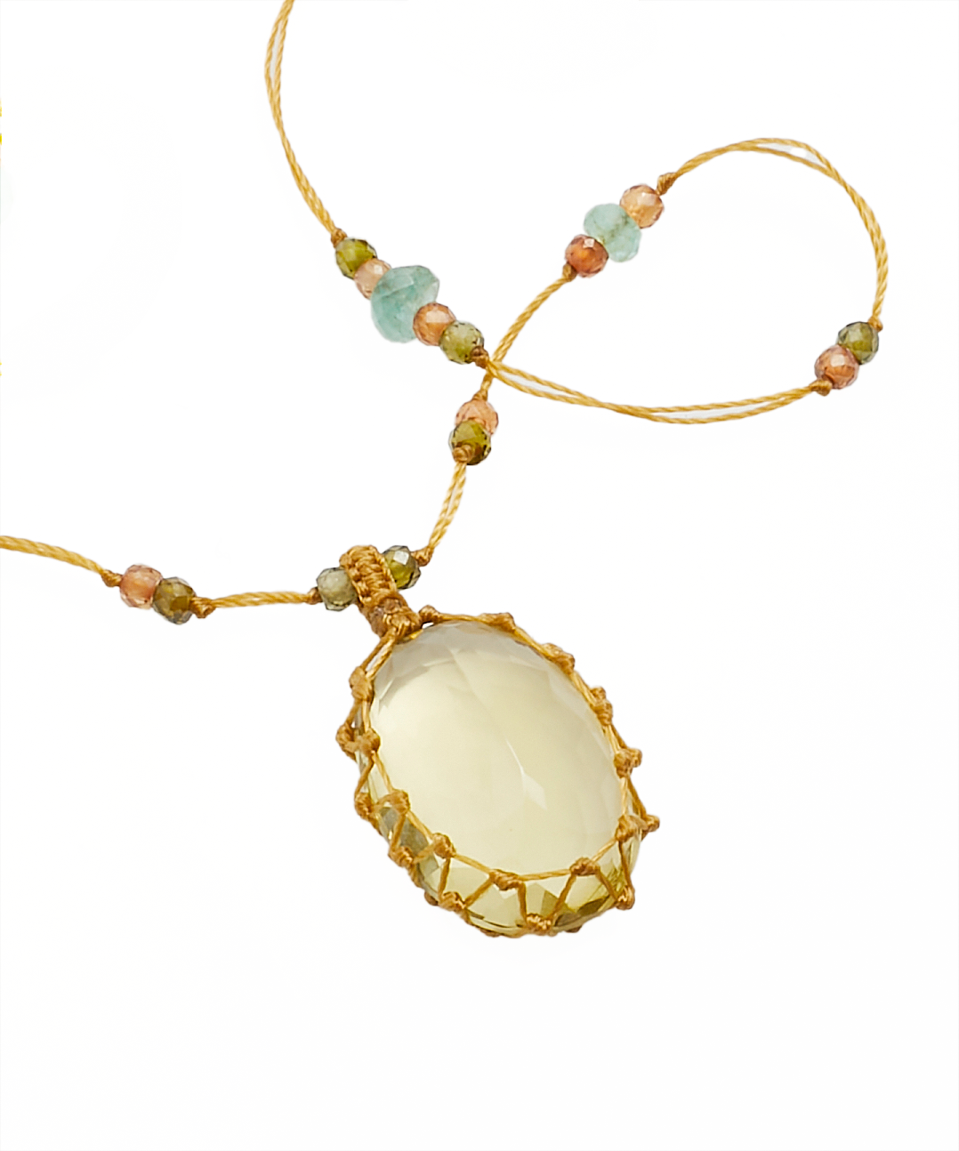 Collier Court Tibétain - Lemon Topaze - Mix Chrysoprase - Fil Beige