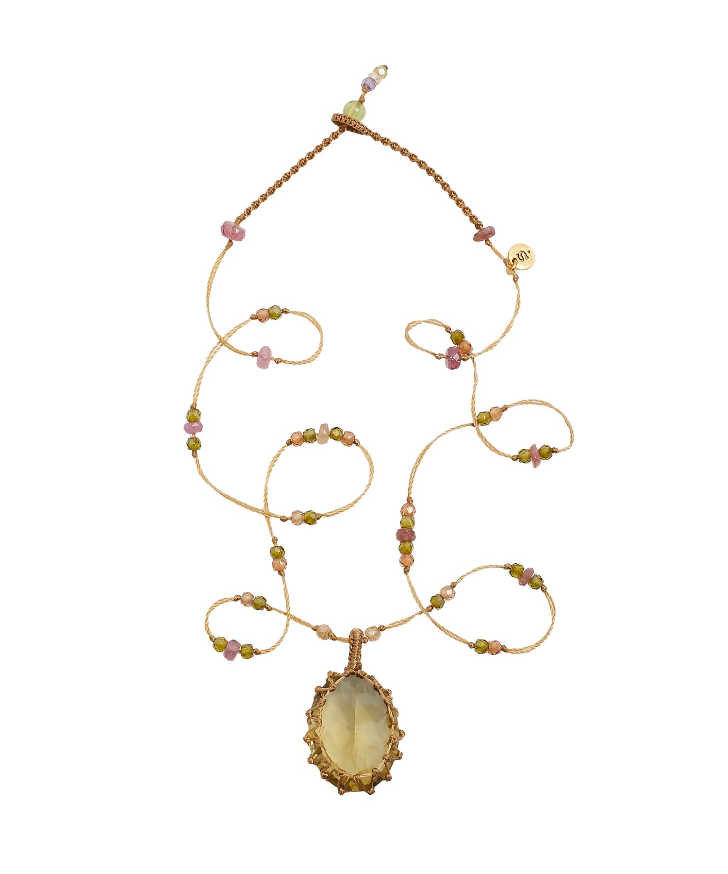 Collier Court Tibétain - Lemon Topaze - Mix Tourmaline Rose - Fil Beige