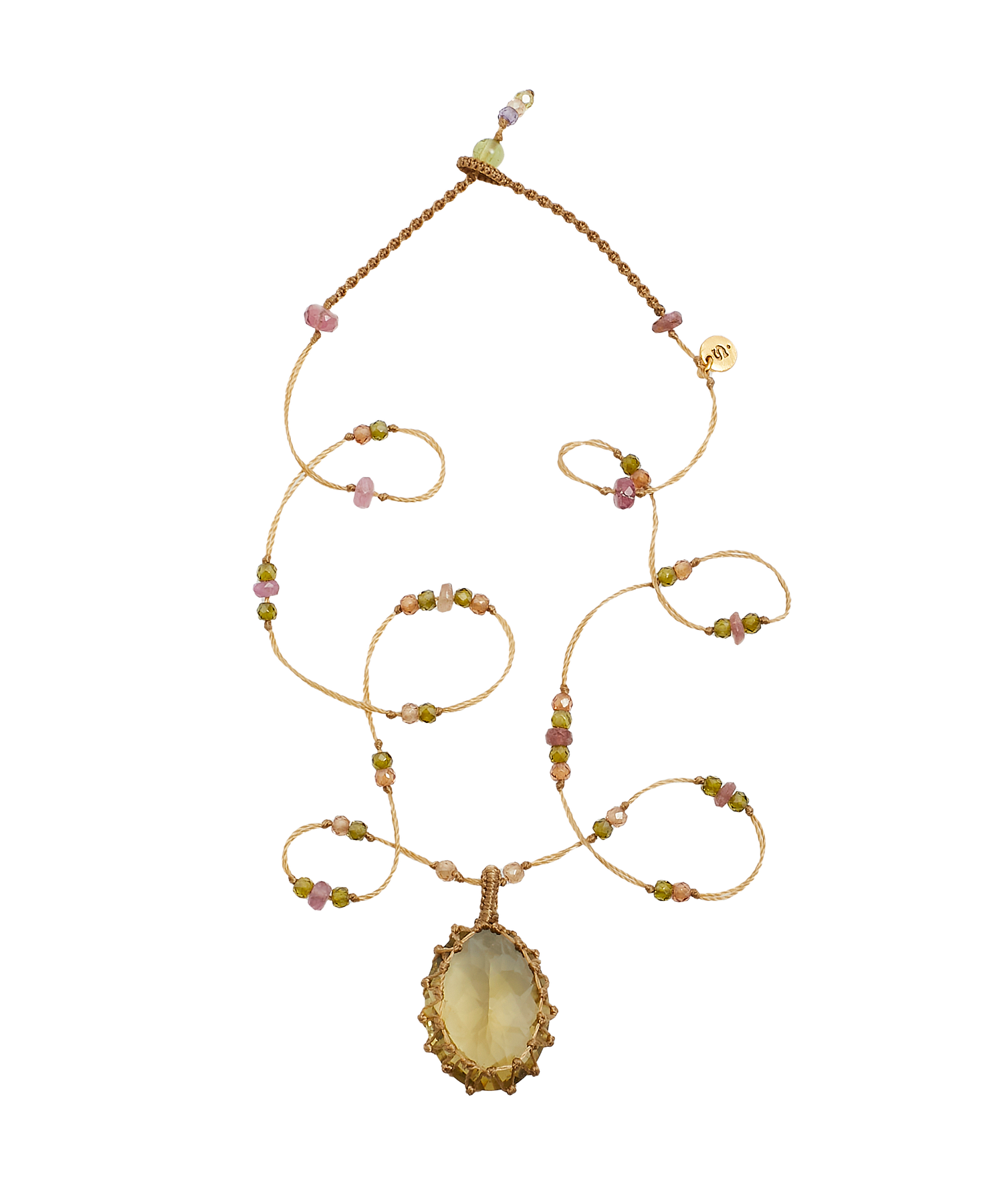 Collier Court Tibétain - Quartz Olive - Mix Tourmaline Rose - Fil Beige