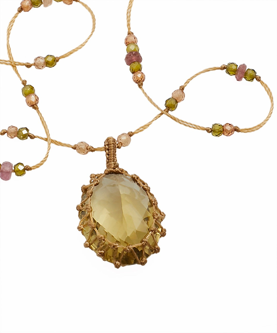 Collier Court Tibétain - Lemon Topaze - Mix Tourmaline Rose - Fil Beige