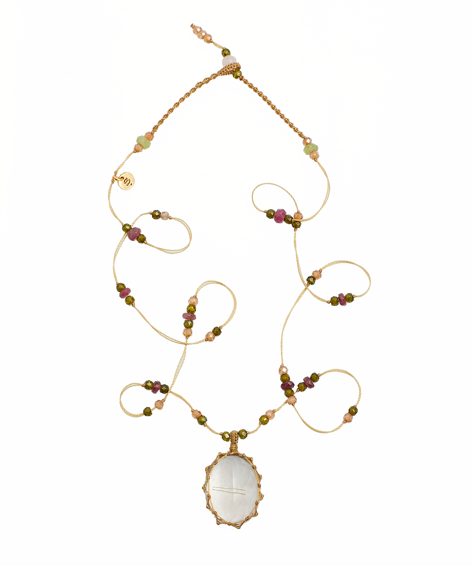 Collana corta tibetana - Quarzo rutilato dorato - Tormalina rosa mista - Filo beige