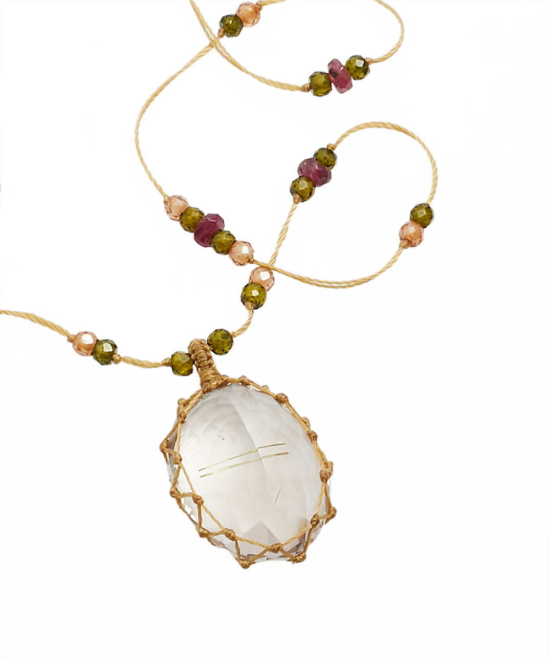 Collana corta tibetana - Quarzo rutilato dorato - Tormalina rosa mista - Filo beige