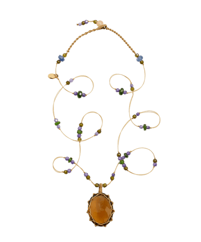 Short Tibetan Necklace - Honey Quartz - Tsavorite Mix - Beige Thread
