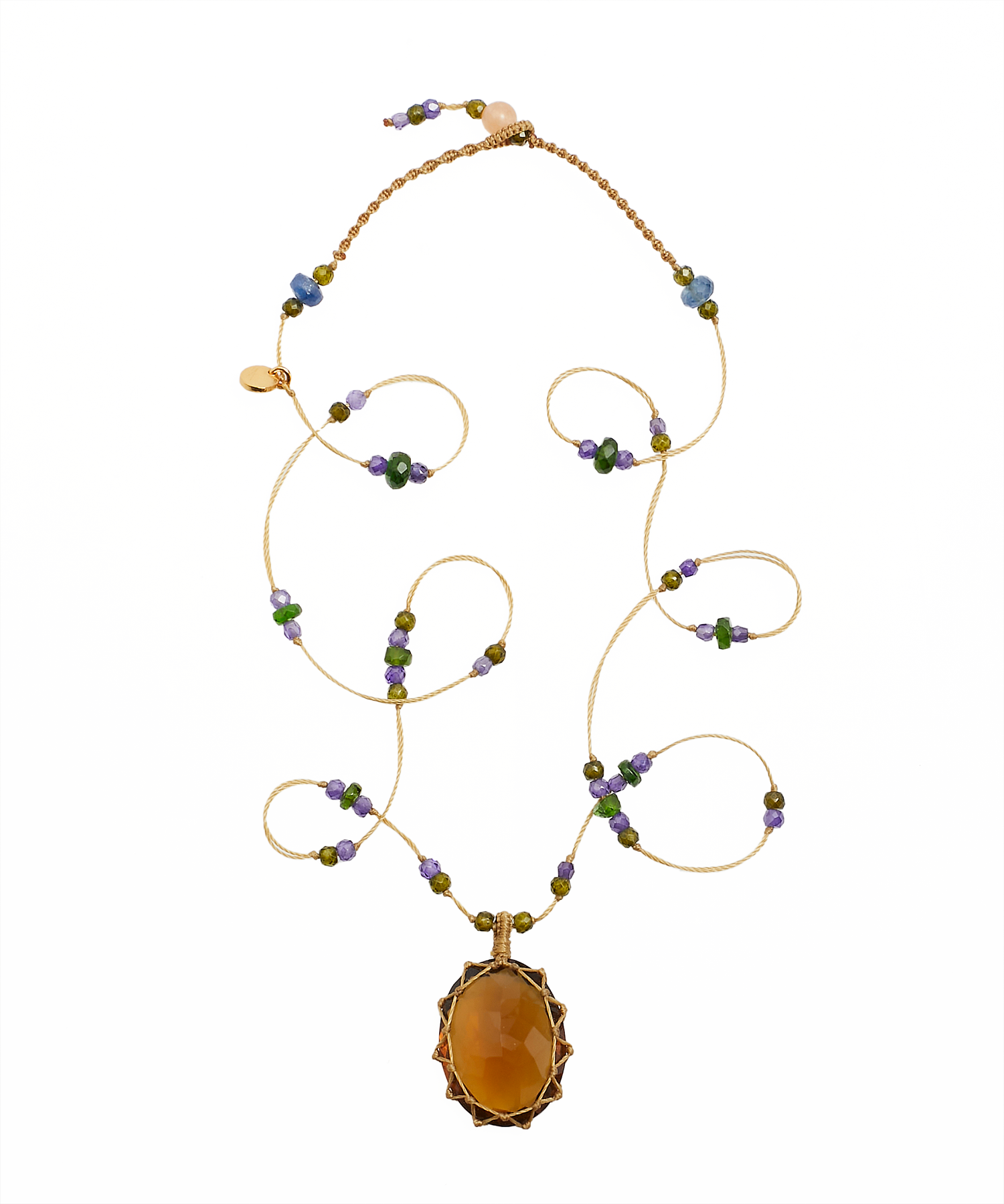 Tibetan Short Necklace - Honey Quartz - Carnelian Mix - Beige Thread