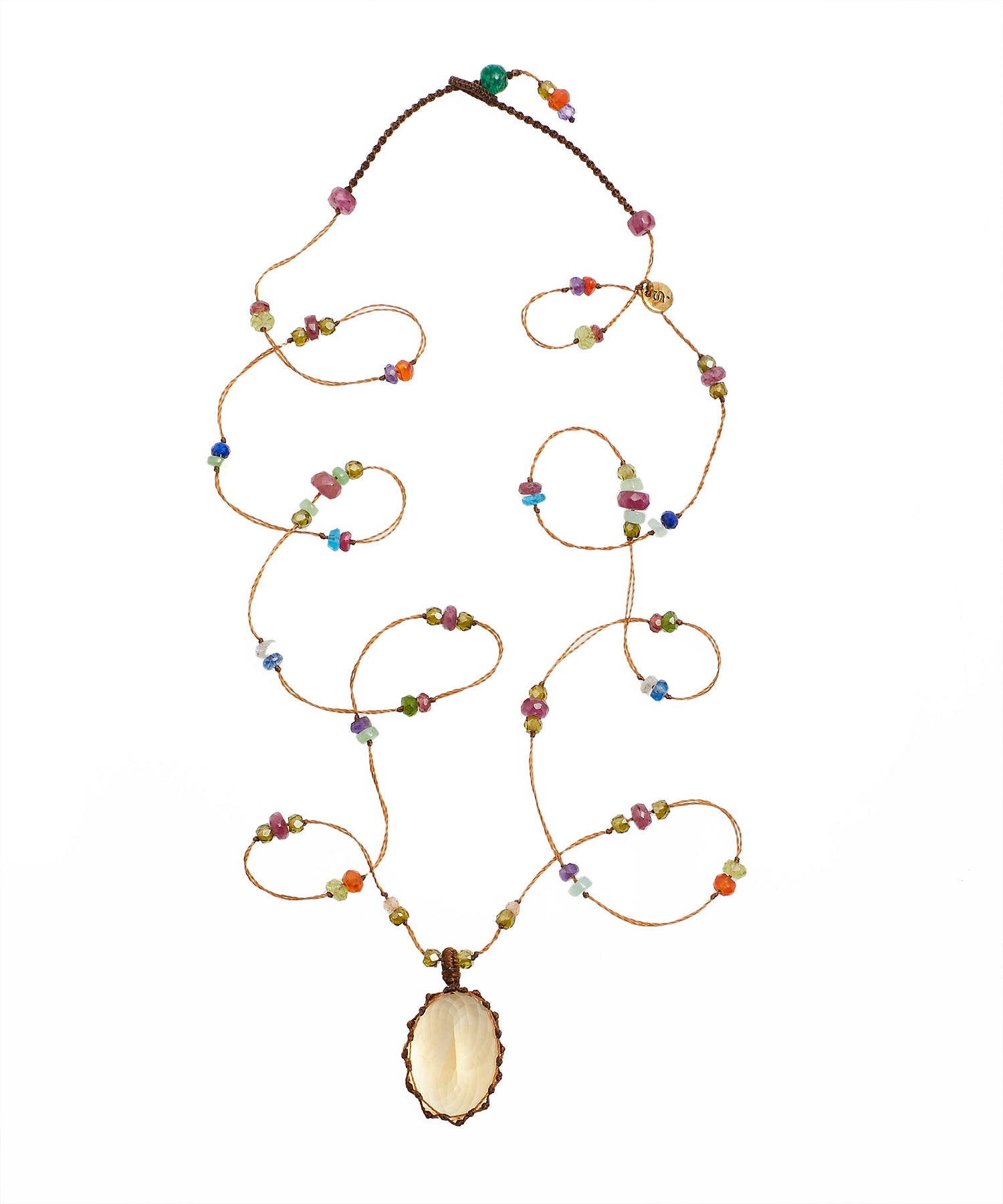 Tibetan Long Necklace - Lemon Topaz - Mix Multi Stones - Tabac Thread