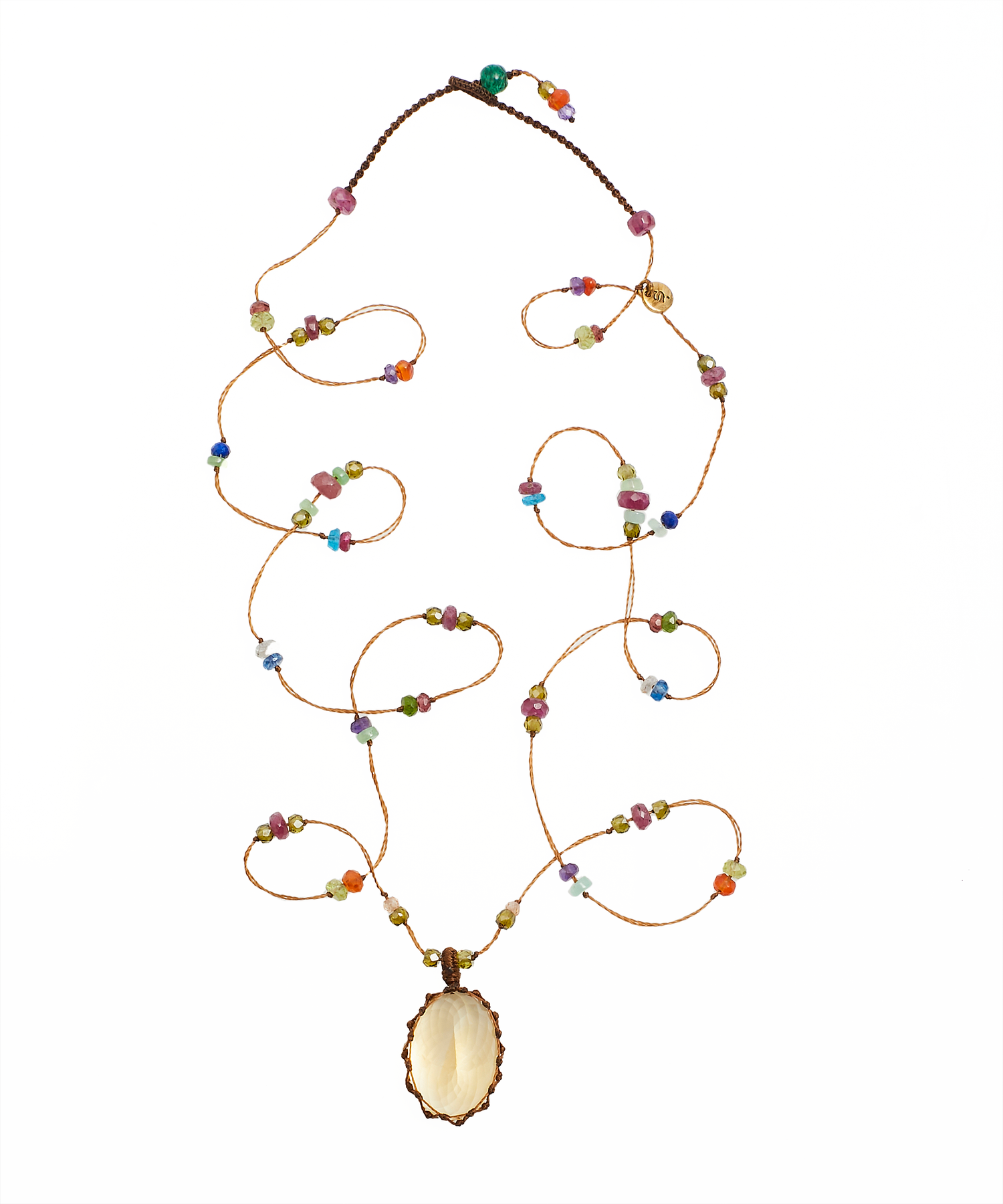 Tibetan Long Necklace - Citrine - Multi Stones - Tobacco Thread