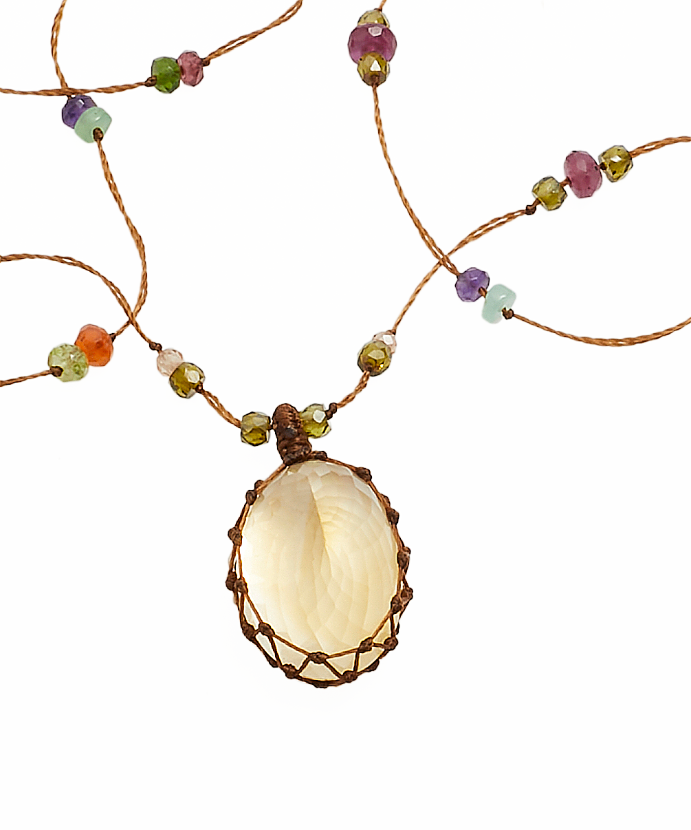 Tibetan Long Necklace - Citrine - Multi Stones - Tobacco Thread