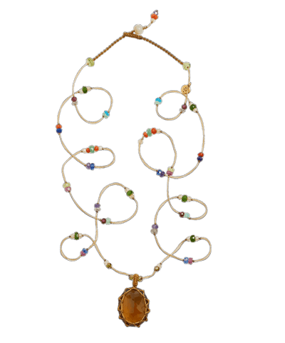 Tibetan Necklace - Honey Quartz - Multi-Stone Mix - Beige Thread